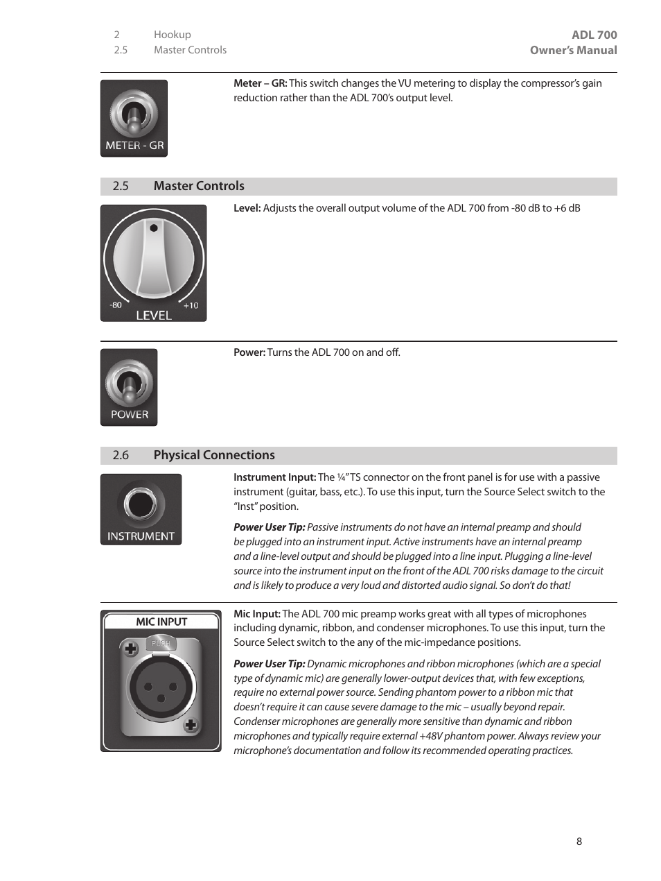 5 master controls, 6 physical connections, 5 master controls — 8 | 6 physical connections — 8 | PreSonus ADL 700 User Manual | Page 12 / 32