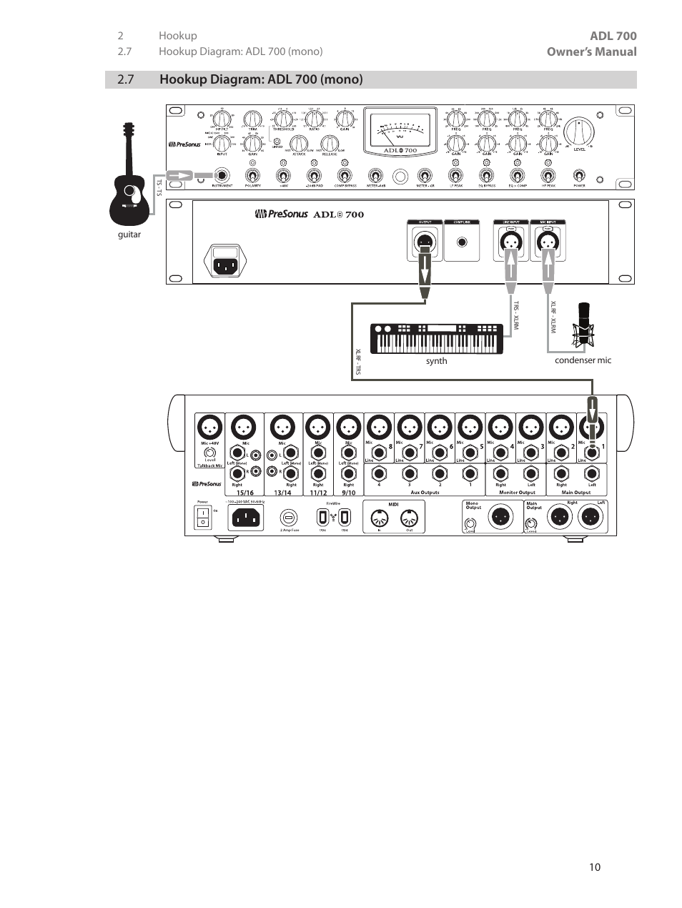 7 hookup diagram: adl 700 (mono), 7 hookup diagram: adl 700, Mono) — 10 | Adl 700 owner’s manual | PreSonus ADL 700 User Manual | Page 14 / 32