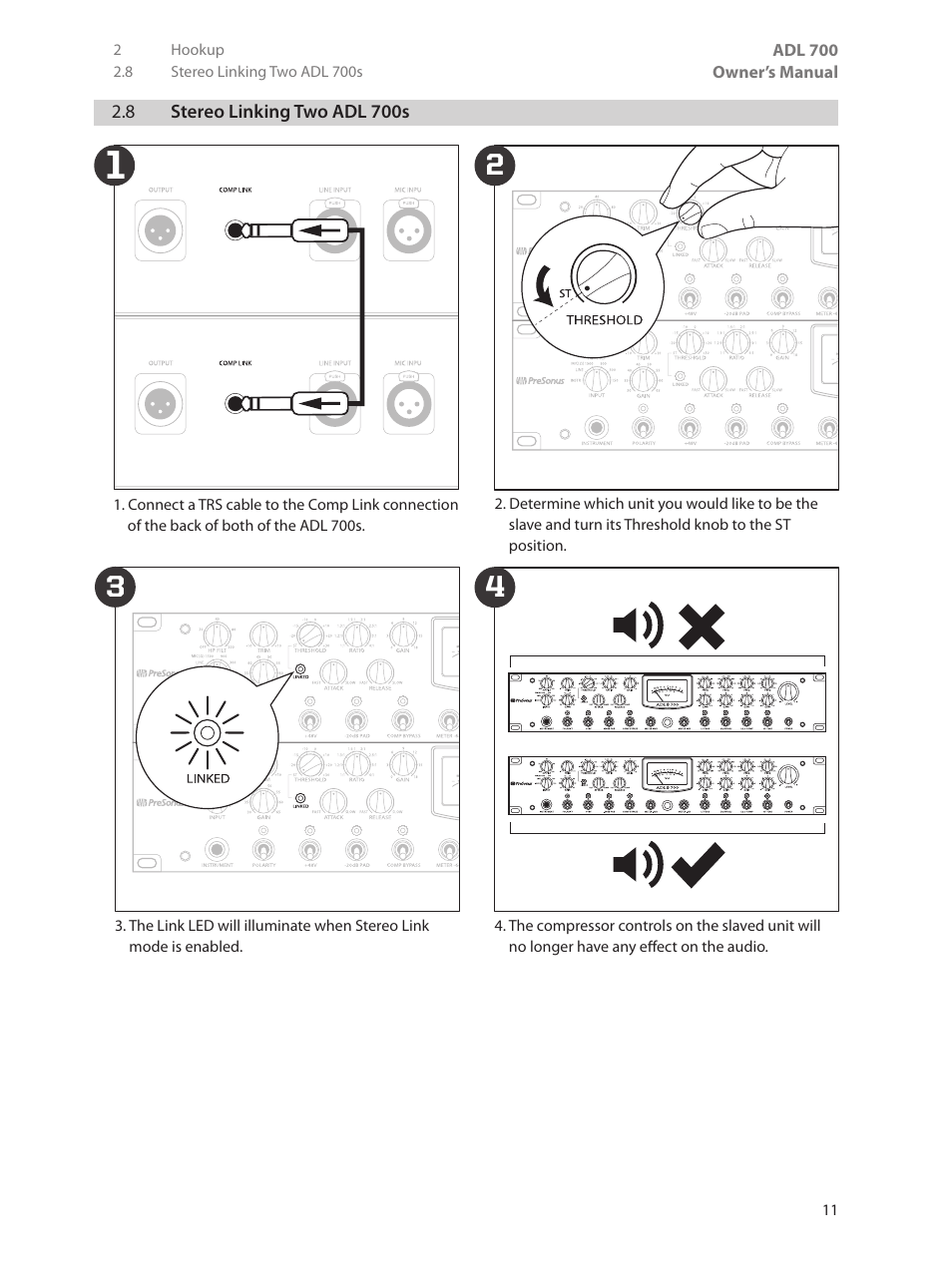 8 stereo linking two adl 700s, 8 stereo linking two adl 700s — 11 | PreSonus ADL 700 User Manual | Page 15 / 32