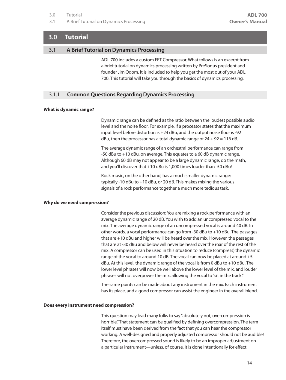 0 tutorial, 1 a brief tutorial on dynamics processing, 1 common questions regarding dynamics processing | 0 tutorial — 14, 1 a brief tutorial on dynamics, Processing — 14, 1 common questions regarding, Dynamics processing — 14 | PreSonus ADL 700 User Manual | Page 18 / 32