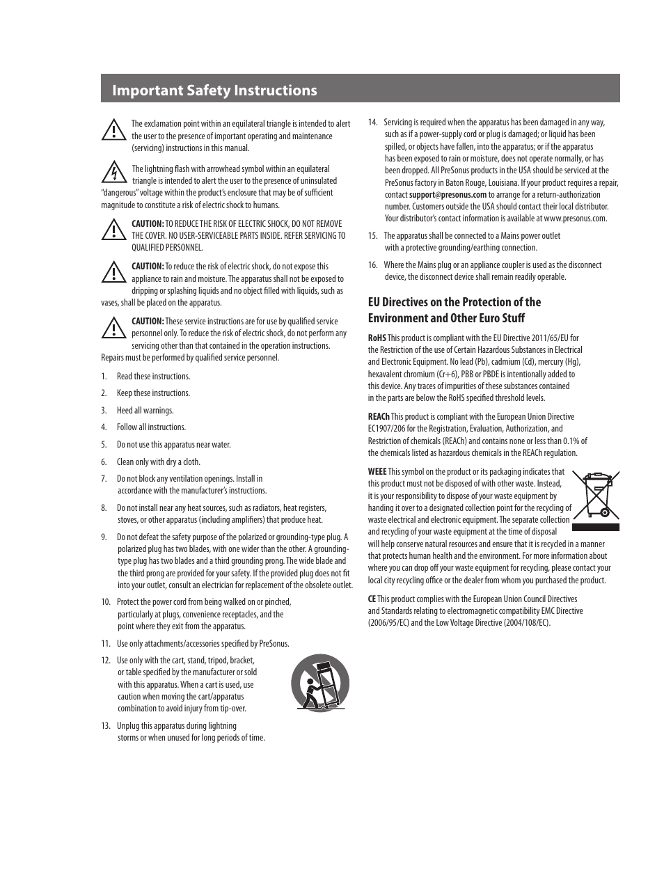 Important safety instructions | PreSonus ADL 700 User Manual | Page 2 / 32