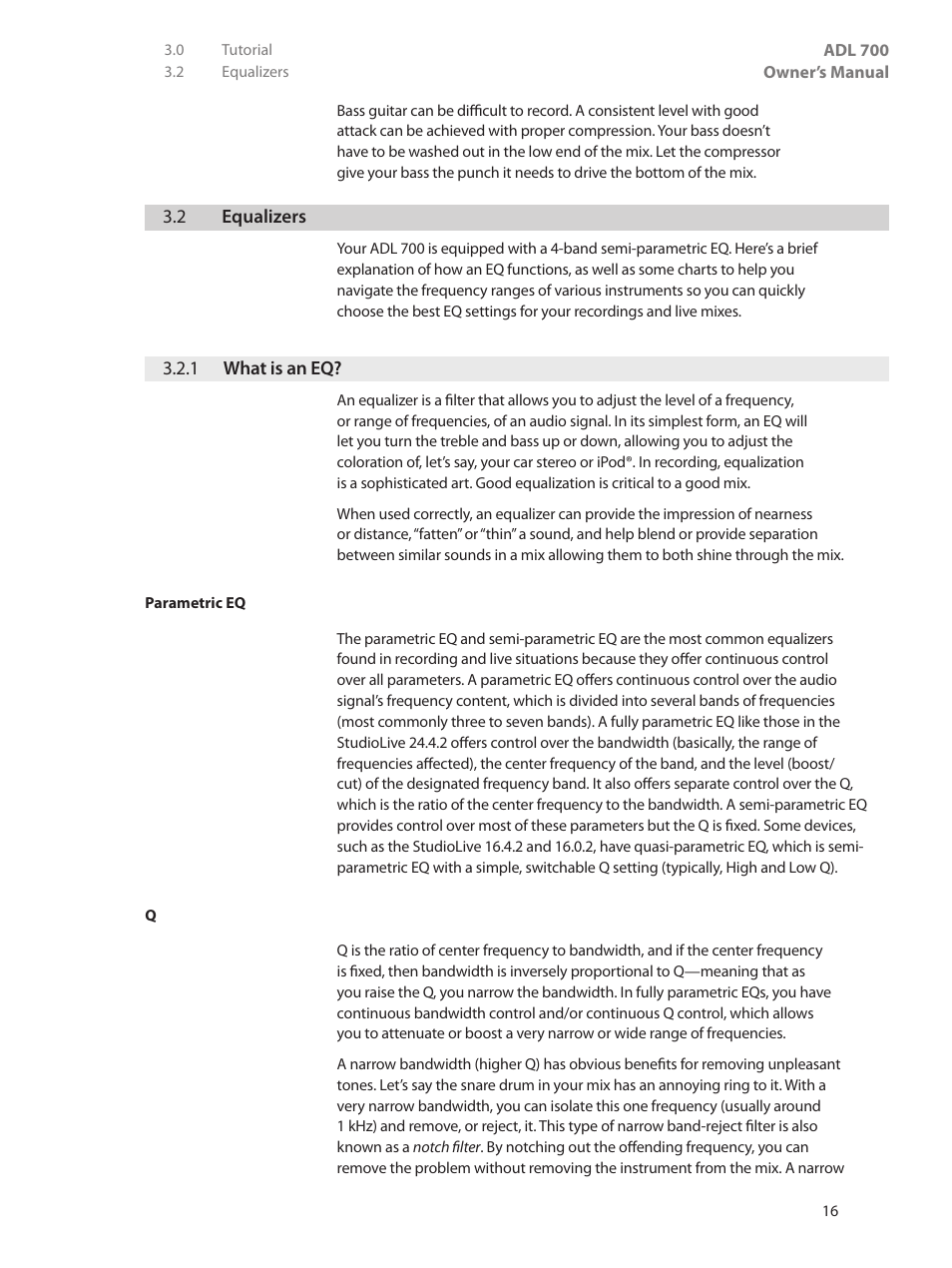 2 equalizers, 1 what is an eq, 2 equalizers — 16 | 1 what is an eq? — 16 | PreSonus ADL 700 User Manual | Page 20 / 32