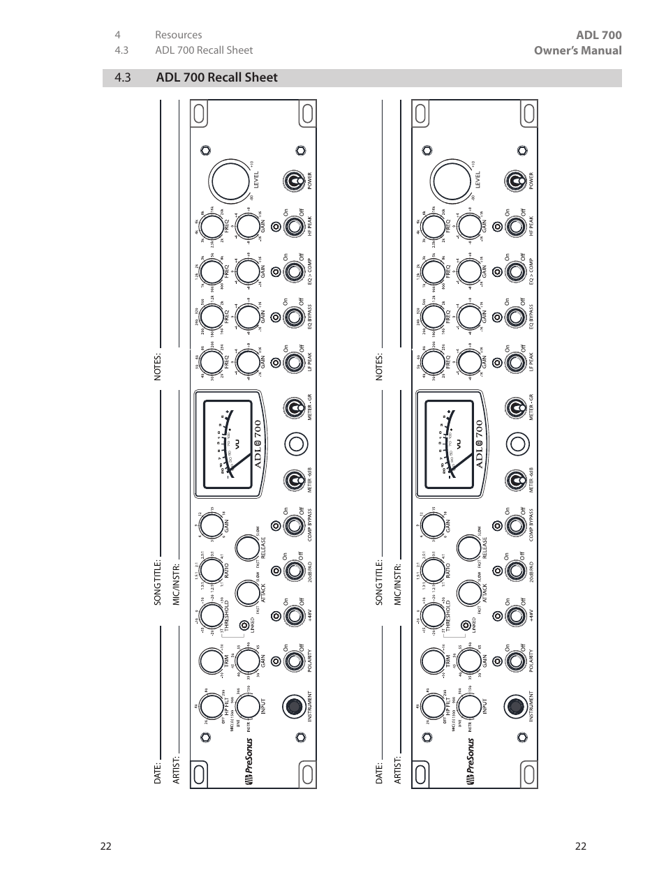 3 adl 700 recall sheet, 3 adl 700 recall sheet — 22, Adl 700 owner’s manual | Date: ar tist : song title: mic/instr: no tes | PreSonus ADL 700 User Manual | Page 26 / 32