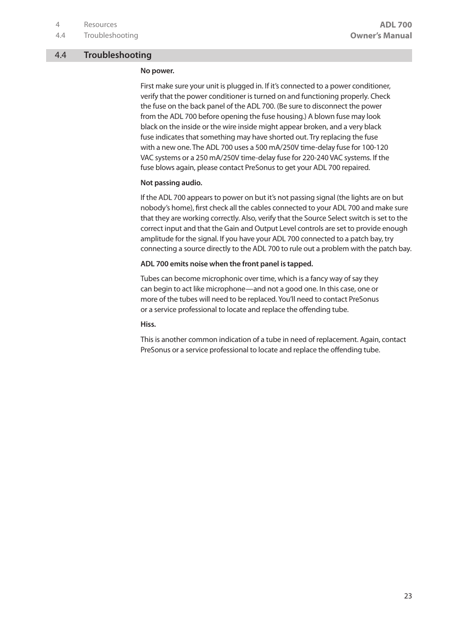 4 troubleshooting, 4 troubleshooting — 23 | PreSonus ADL 700 User Manual | Page 27 / 32