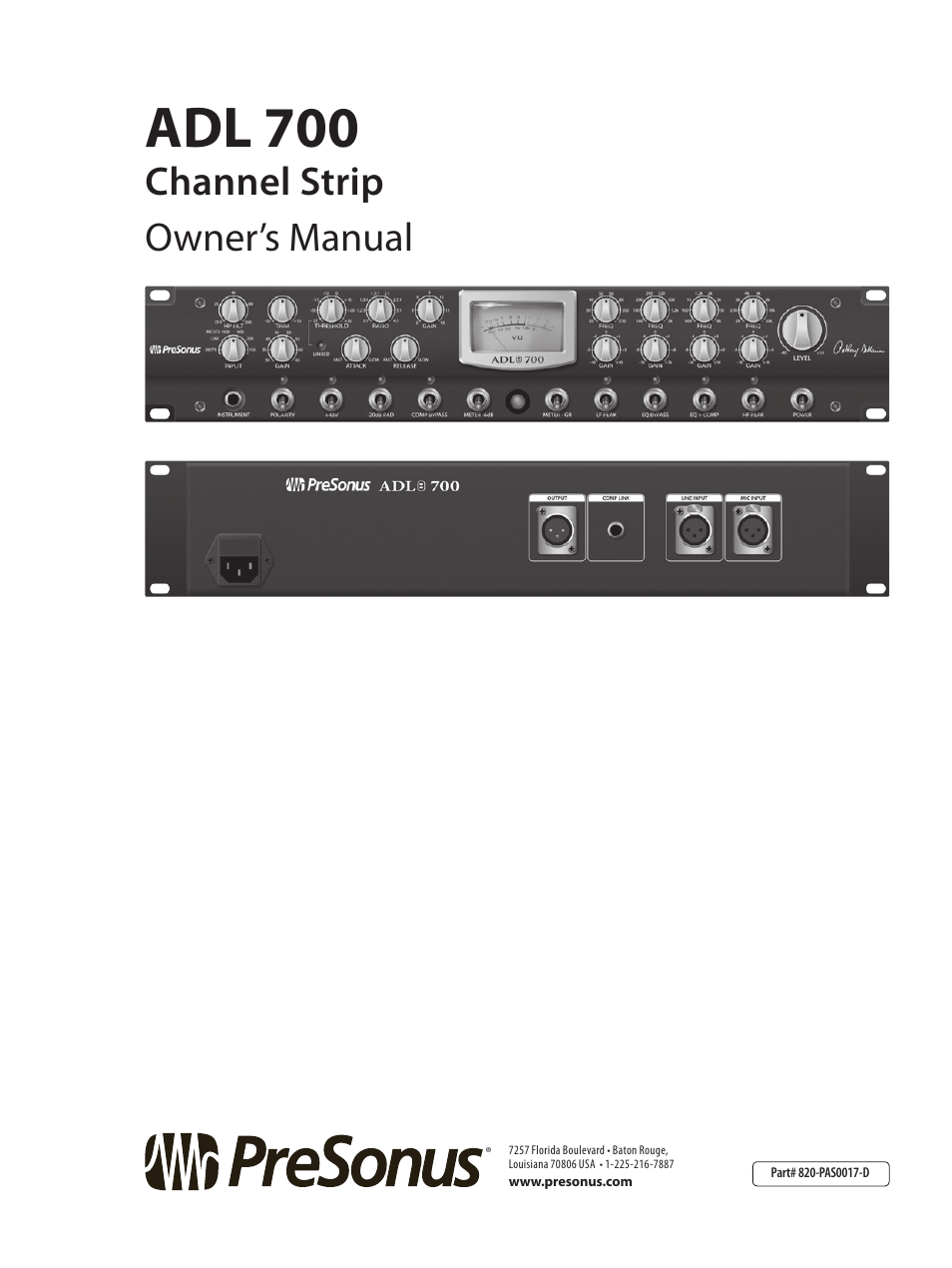 Adl 700, Channel strip owner’s manual | PreSonus ADL 700 User Manual | Page 32 / 32