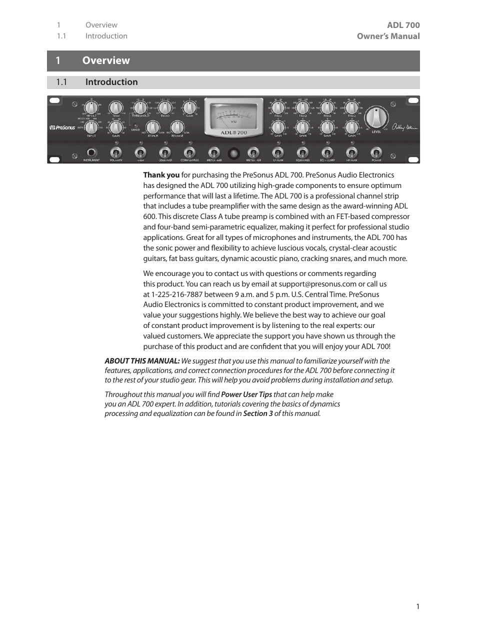 1 overview, 1 introduction, 1 overview — 1 | 1 introduction — 1 | PreSonus ADL 700 User Manual | Page 5 / 32