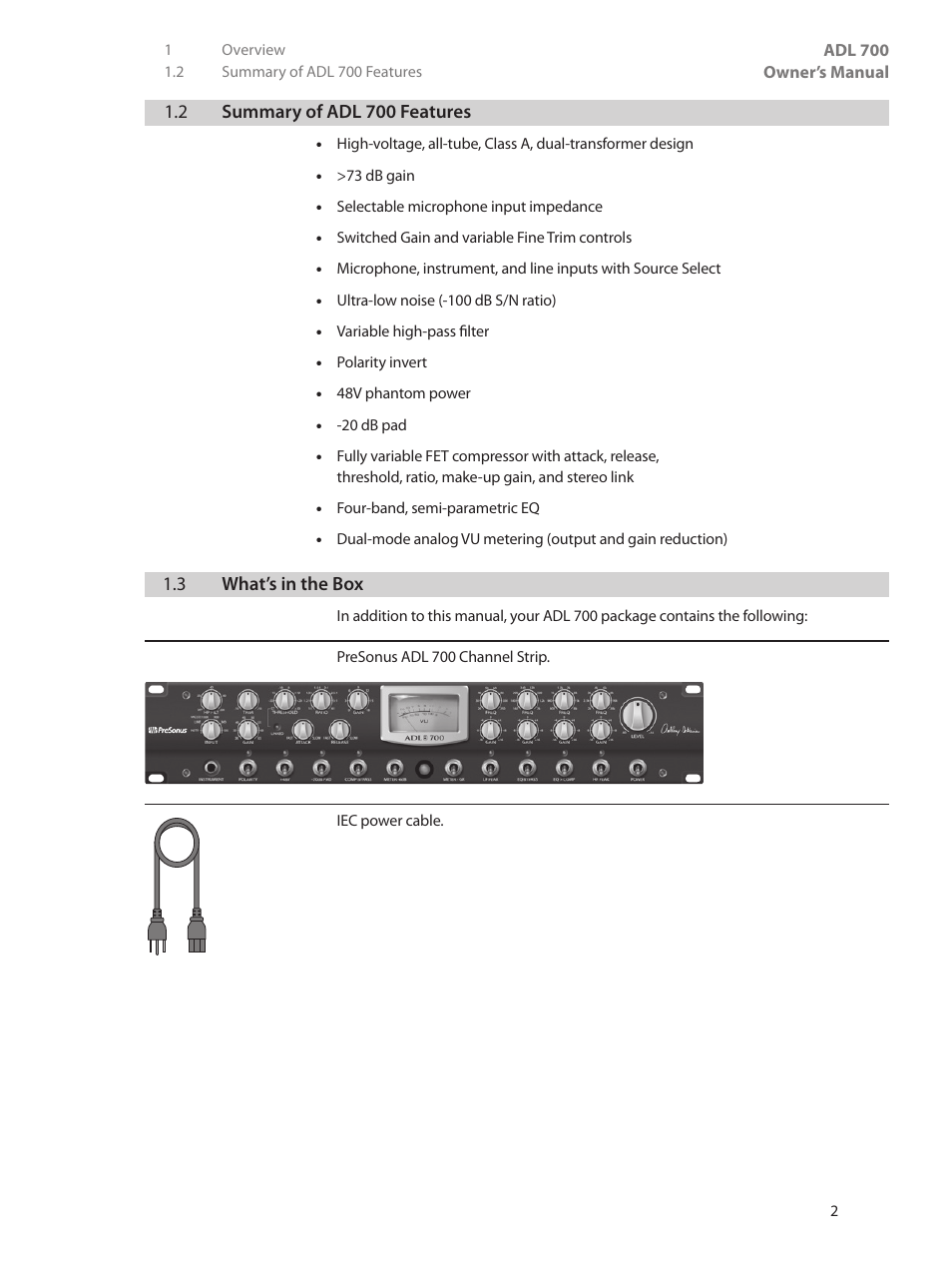 2 summary of adl 700 features, 3 what’s in the box, 2 summary of adl 700 features — 2 | 3 what’s in the box — 2 | PreSonus ADL 700 User Manual | Page 6 / 32