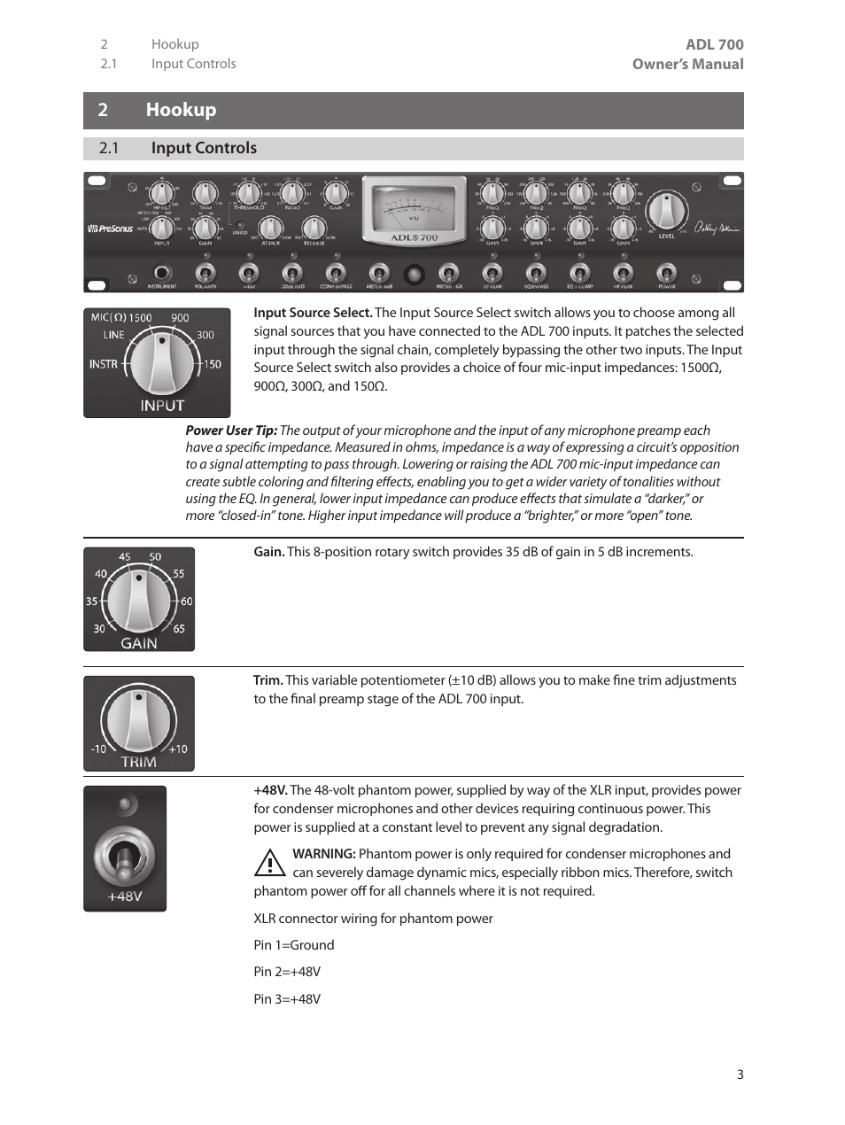 2 hookup, 1 input controls, 2 hookup — 3 | 1 input controls — 3 | PreSonus ADL 700 User Manual | Page 7 / 32