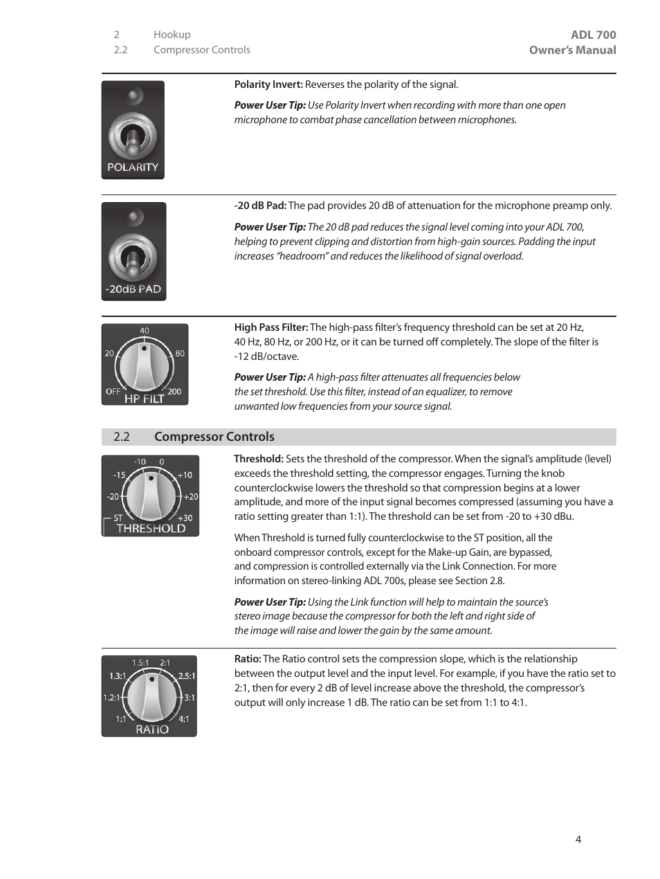 2 compressor controls, 2 compressor controls — 4 | PreSonus ADL 700 User Manual | Page 8 / 32