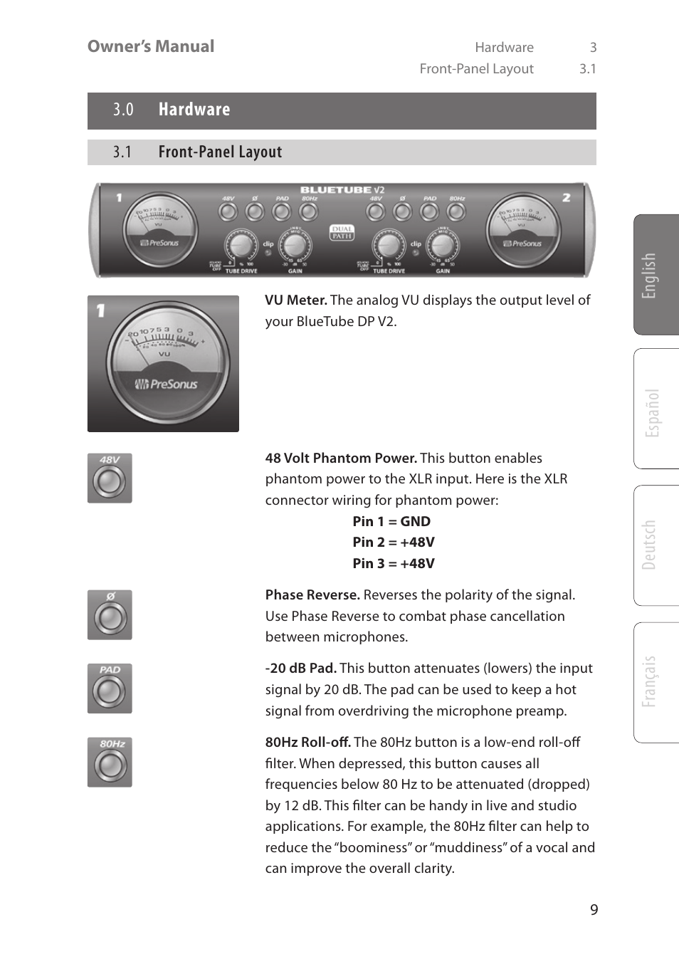 Deutsch español fr anç ais english, 0 hardware | PreSonus BlueTube DP v2 User Manual | Page 13 / 24