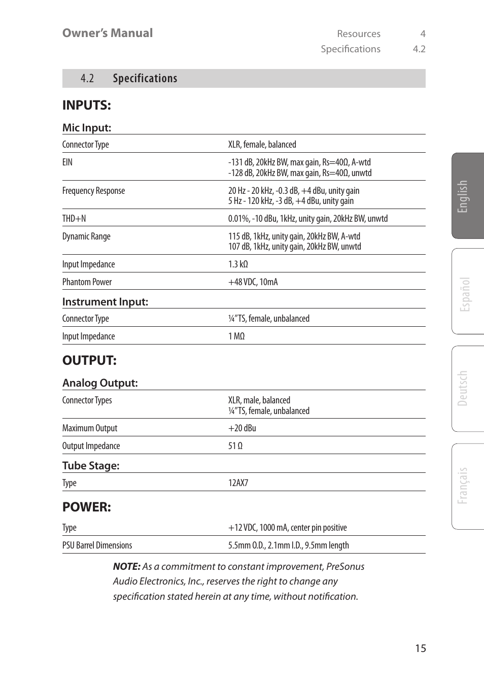 Deutsch español fr anç ais english, Inputs, Output | Power | PreSonus BlueTube DP v2 User Manual | Page 19 / 24