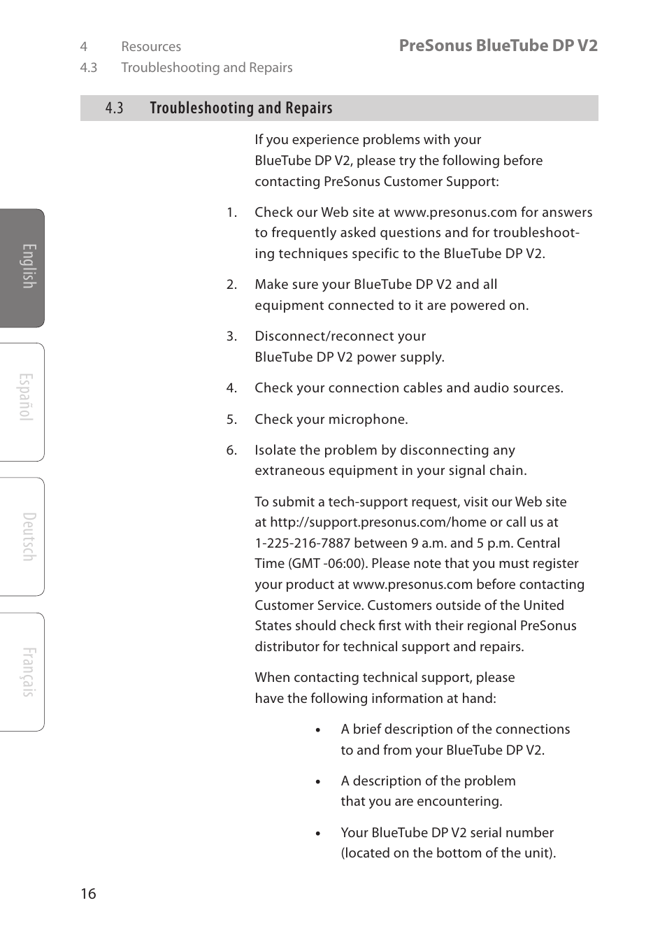 Deutsch español franç ais english | PreSonus BlueTube DP v2 User Manual | Page 20 / 24