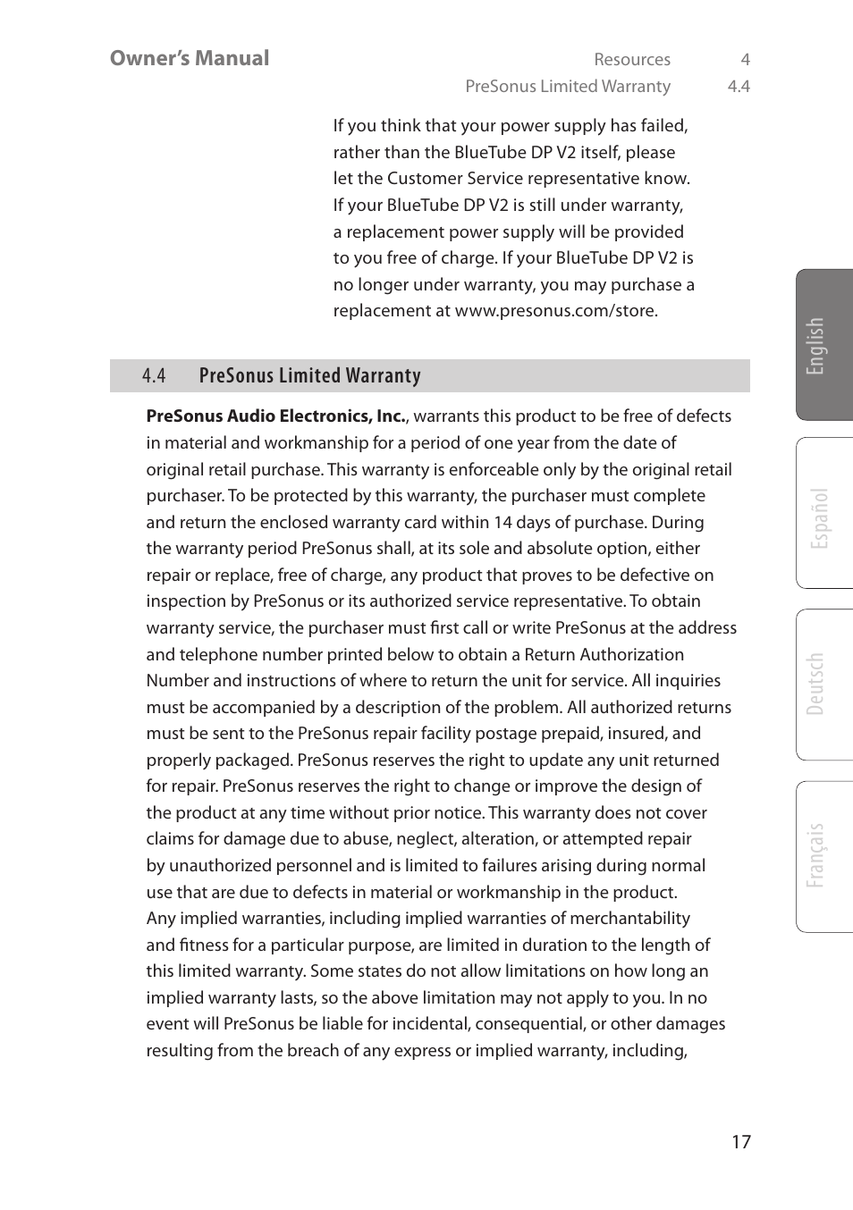 Deutsch español fr anç ais english | PreSonus BlueTube DP v2 User Manual | Page 21 / 24