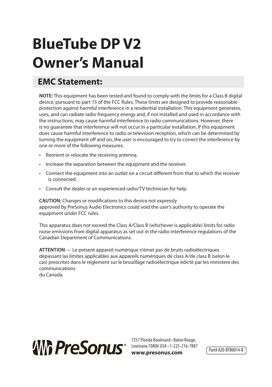 Bluetube dp v2 owner’s manual, Emc statement | PreSonus BlueTube DP v2 User Manual | Page 24 / 24