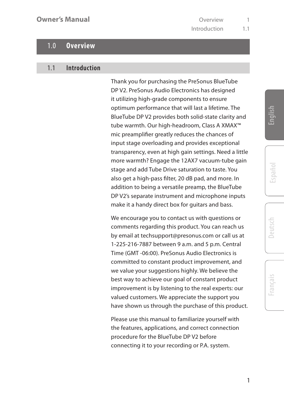 Deutsch español fr anç ais english, 0 overview | PreSonus BlueTube DP v2 User Manual | Page 5 / 24