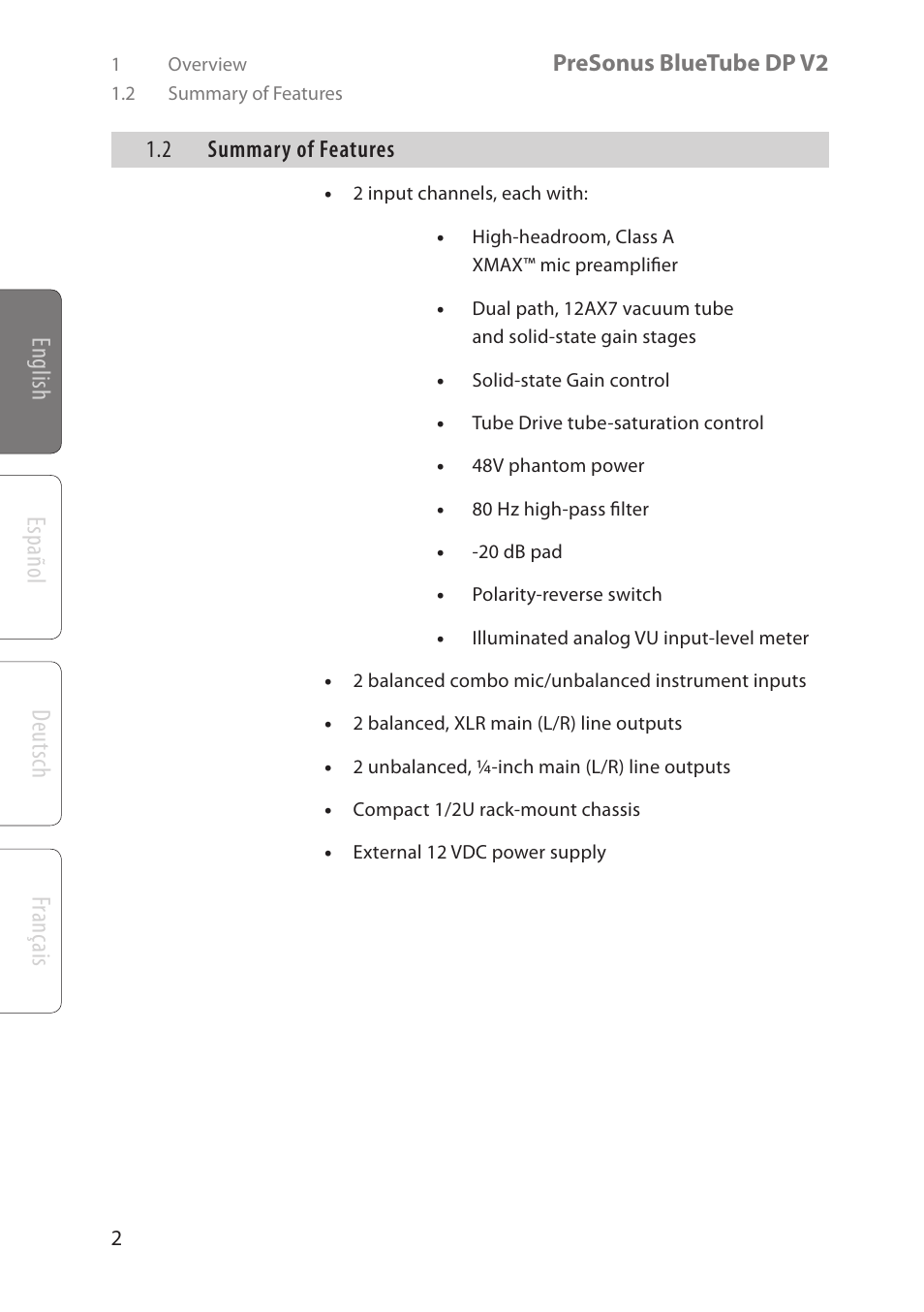 Deutsch español franç ais english | PreSonus BlueTube DP v2 User Manual | Page 6 / 24