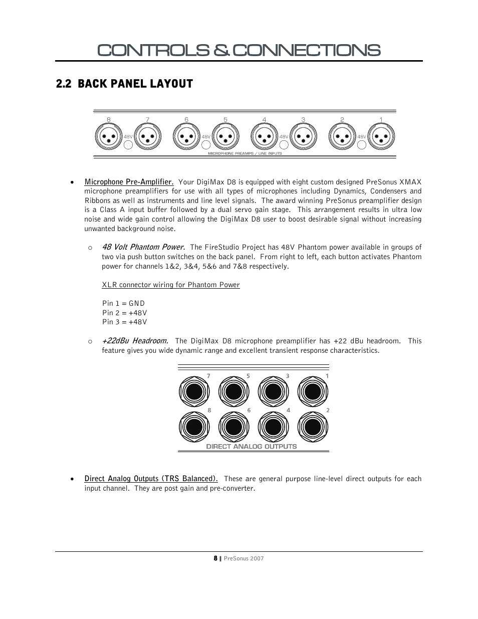 Controls & connections, 2 back panel layout | PreSonus DigiMax D8 User Manual | Page 10 / 18