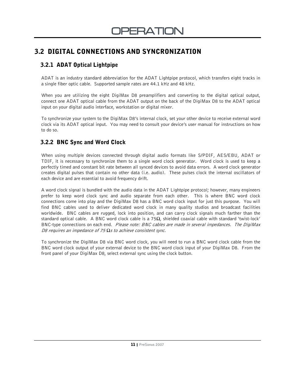 Operation, 2 digital connections and syncronization | PreSonus DigiMax D8 User Manual | Page 13 / 18