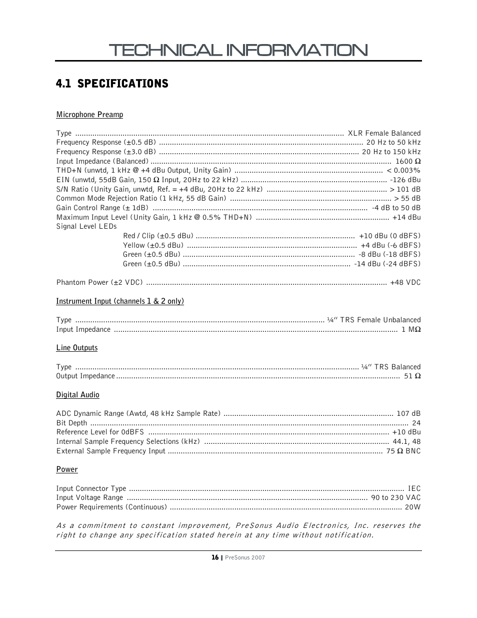 Technical information, 1 specifications | PreSonus DigiMax D8 User Manual | Page 18 / 18