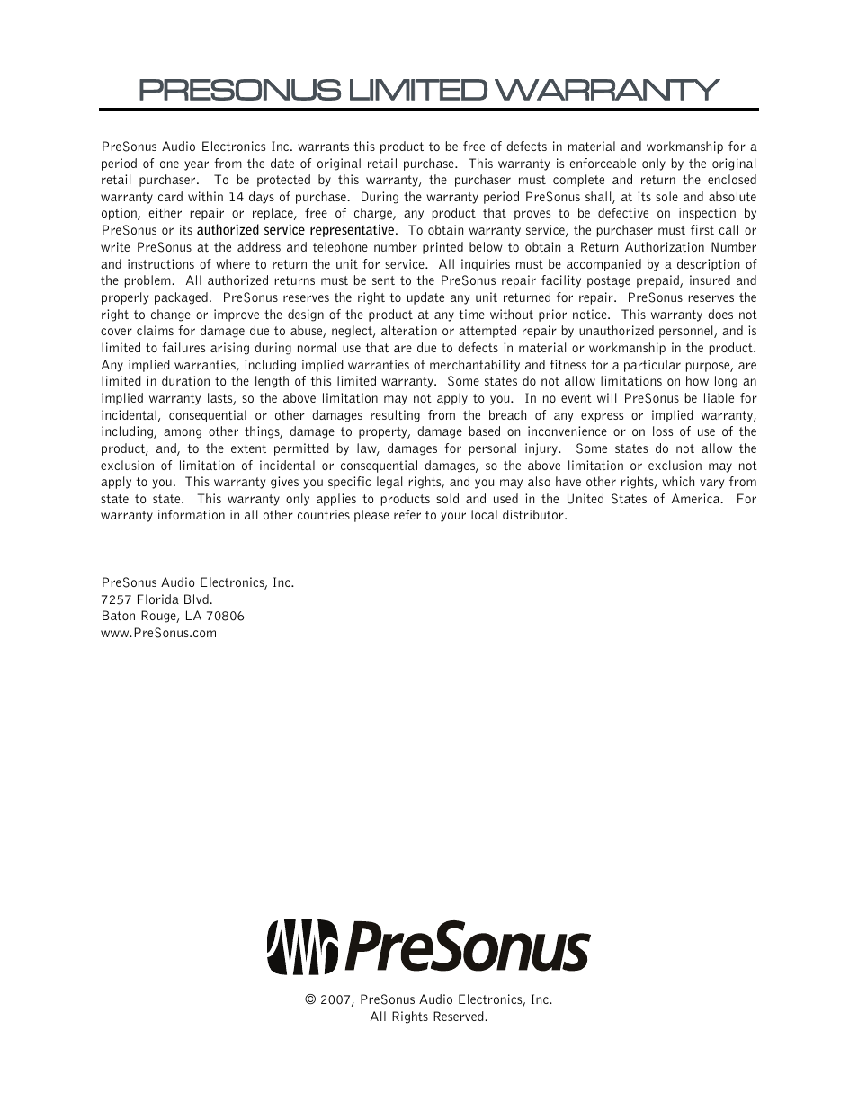 Presonus limited warranty | PreSonus DigiMax D8 User Manual | Page 2 / 18