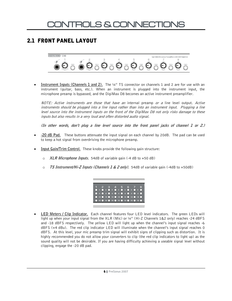 Controls & connections, 1 front panel layout | PreSonus DigiMax D8 User Manual | Page 8 / 18