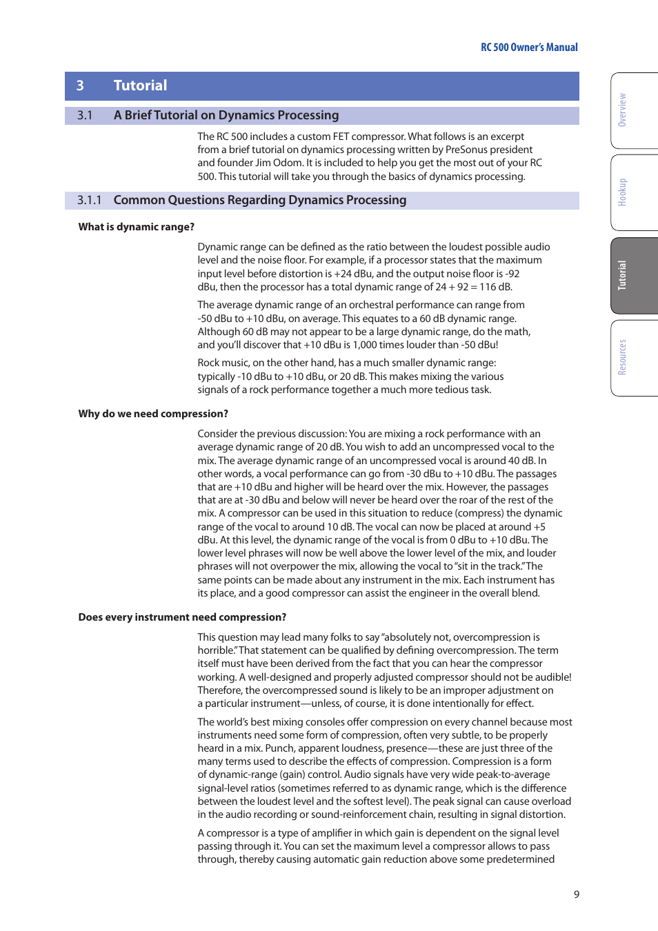 3 tutorial, 1 a brief tutorial on dynamics processing, 1 common questions regarding dynamics processing | 3 tutorial — 9, A brief tutorial on dynamics processing — 9, 1 common questions regarding, Dynamics processing — 9 | PreSonus RC 500 User Manual | Page 11 / 24