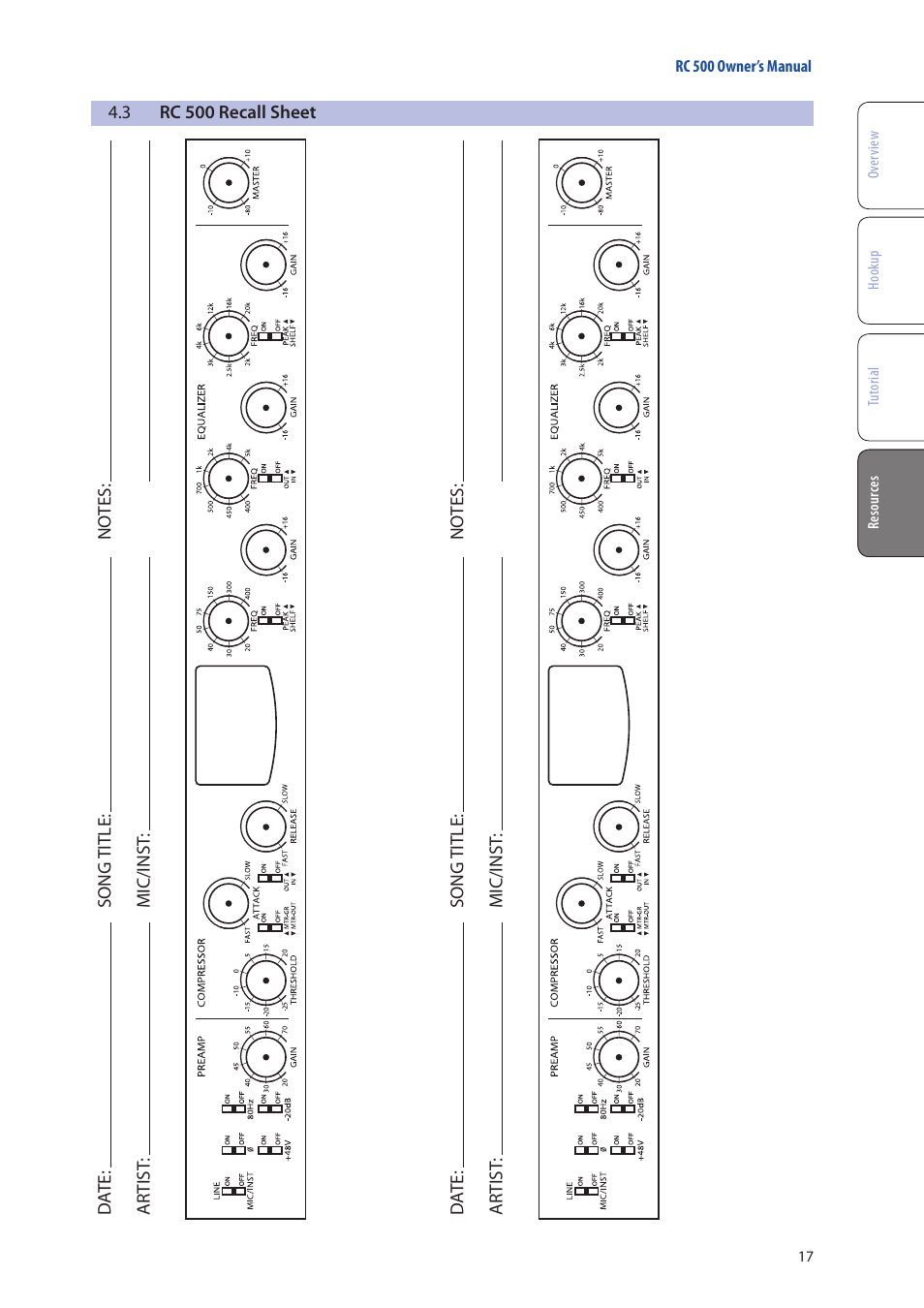 3 rc 500 recall sheet, Rc 500 recall sheet — 17 | PreSonus RC 500 User Manual | Page 19 / 24