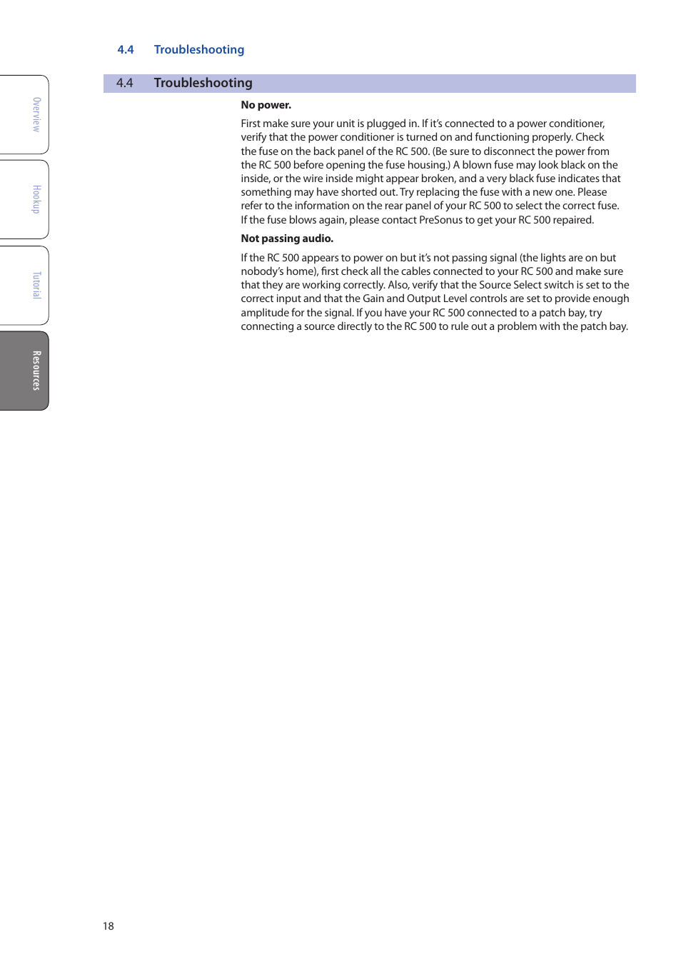 4 troubleshooting, Troubleshooting — 18 | PreSonus RC 500 User Manual | Page 20 / 24