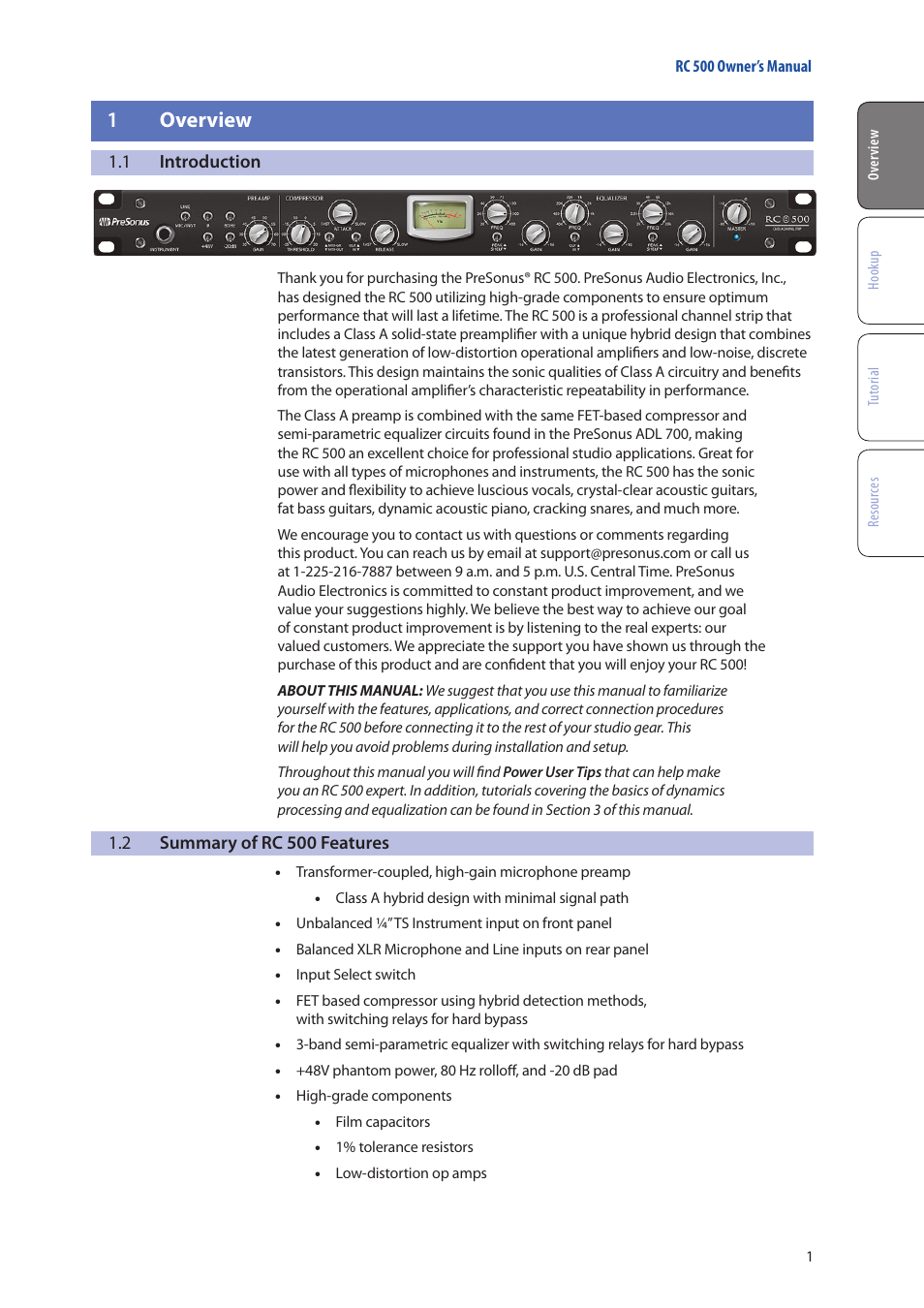 1 overview, 1 introduction, 2 summary of rc 500 features | 1 overview — 1, Introduction — 1, Summary of rc 500 features — 1 | PreSonus RC 500 User Manual | Page 3 / 24