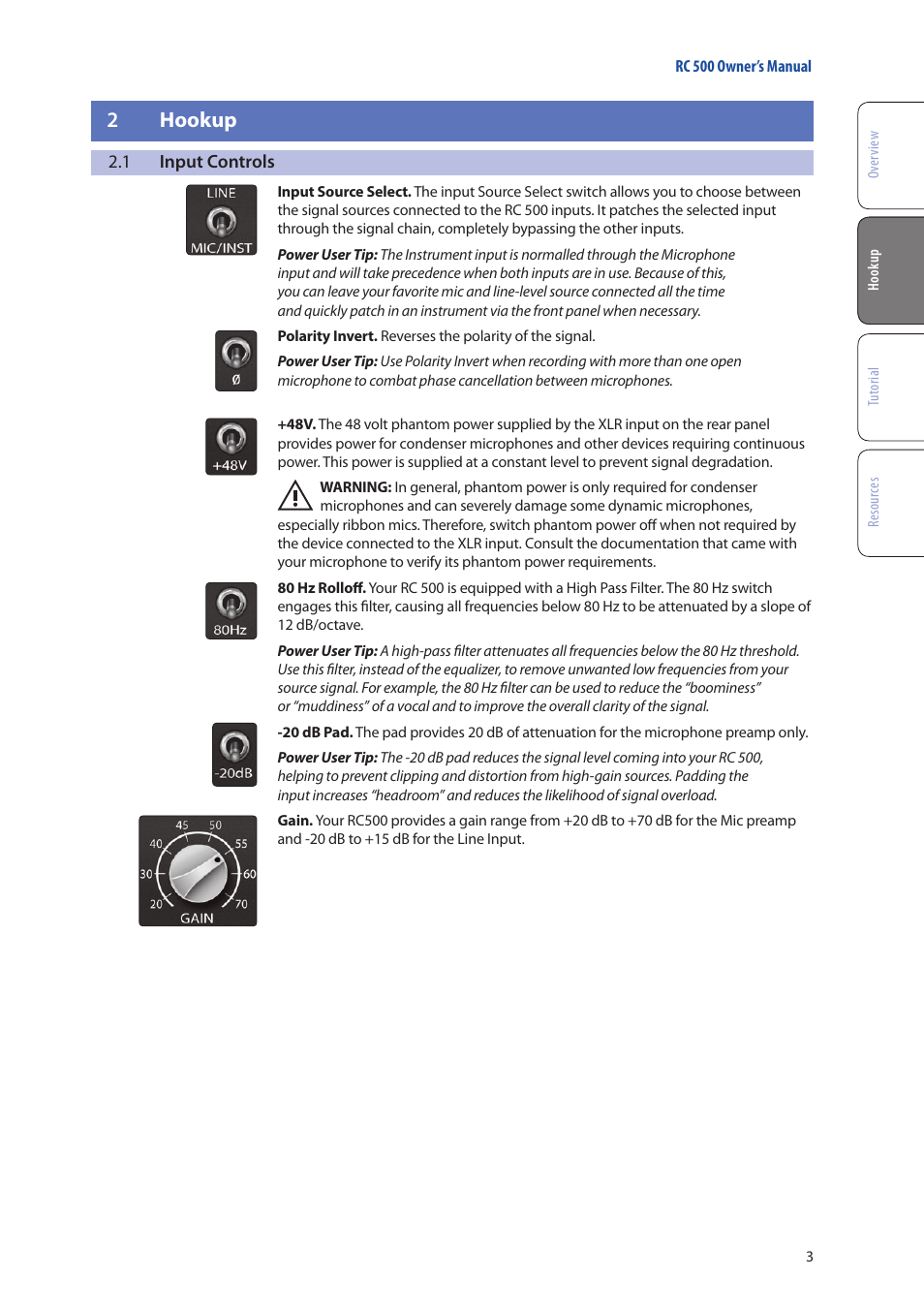 2 hookup, 1 input controls, 2 hookup — 3 | Input controls — 3 | PreSonus RC 500 User Manual | Page 5 / 24