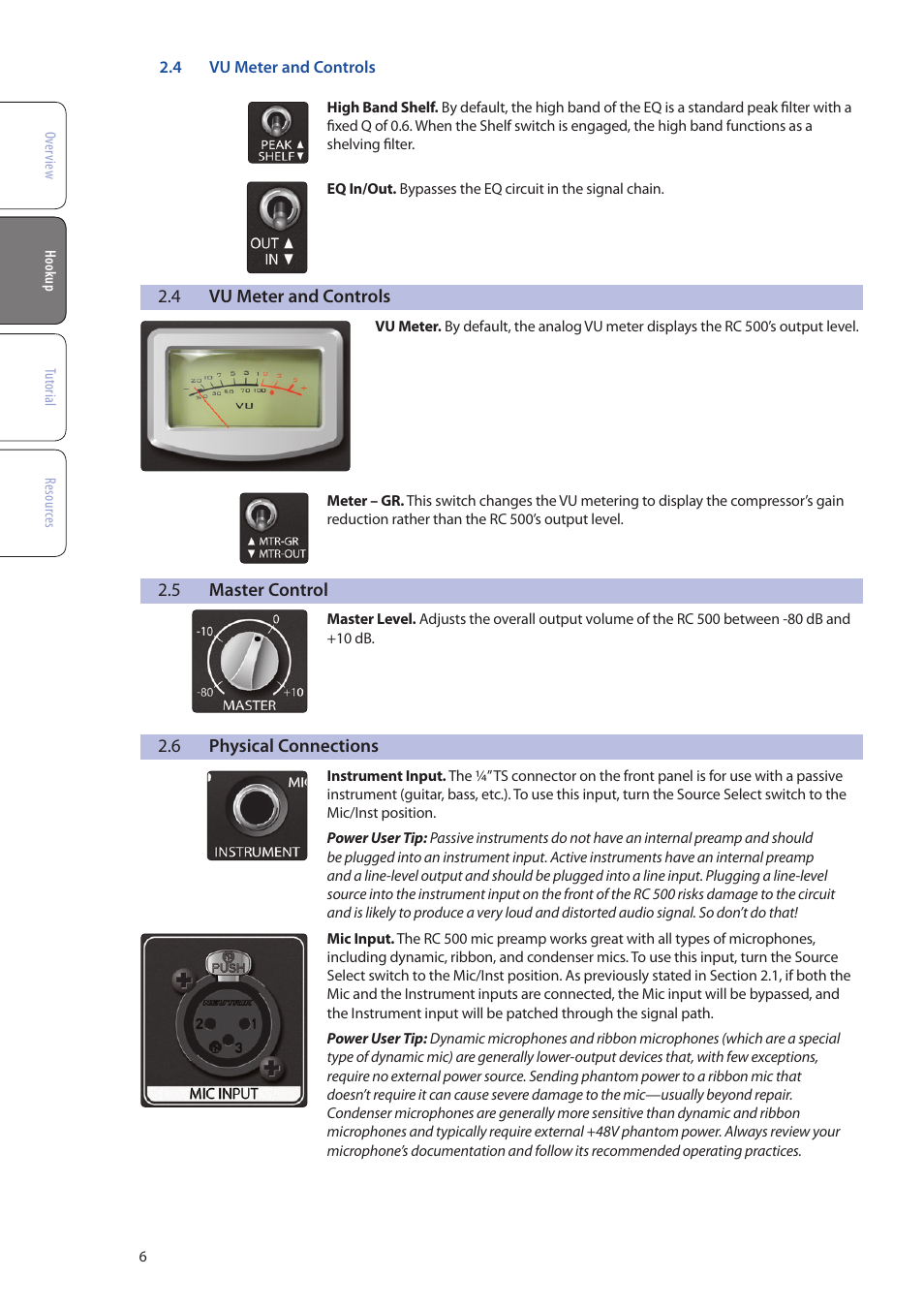 4 vu meter and controls, 5 master control, 6 physical connections | Vu meter and controls — 6, Master control — 6, Physical connections — 6 | PreSonus RC 500 User Manual | Page 8 / 24