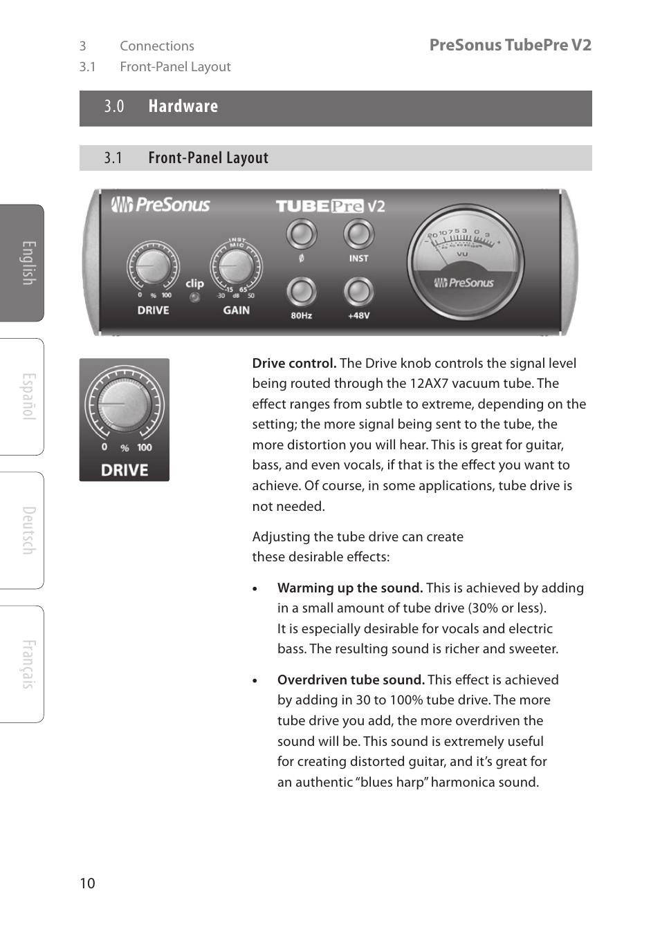 English deutsch español français, 0 hardware | PreSonus TubePre V2 User Manual | Page 14 / 28