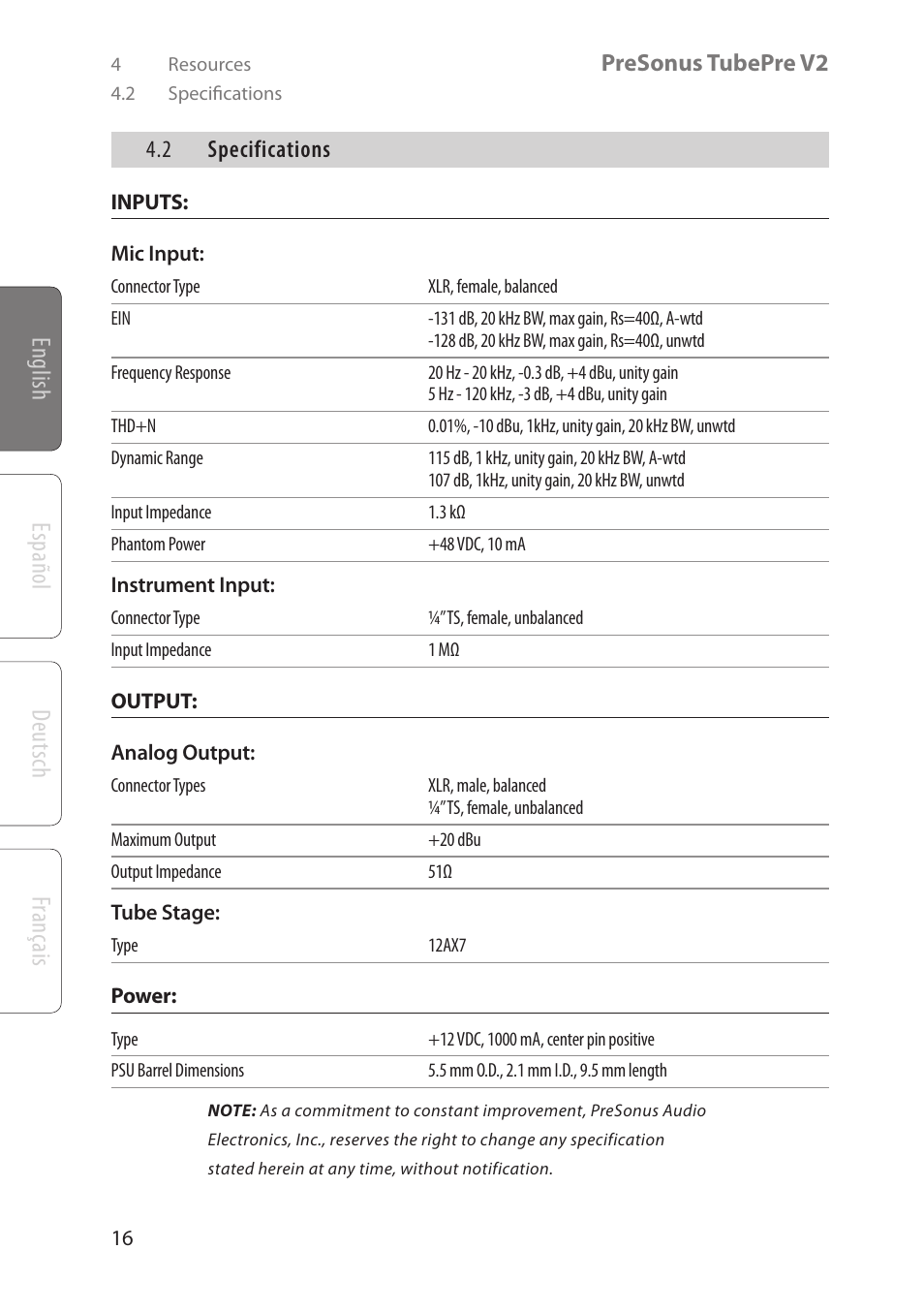 English deutsch español français | PreSonus TubePre V2 User Manual | Page 20 / 28