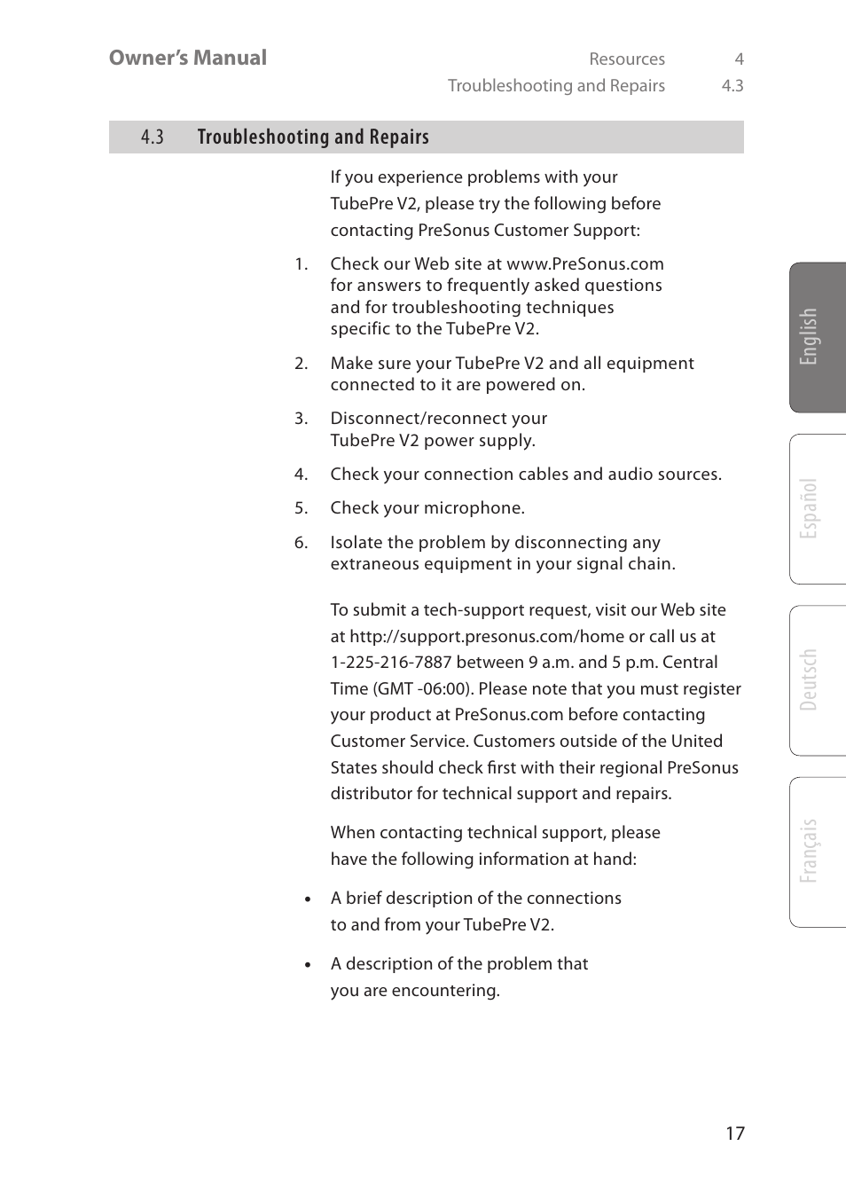English deutsch español fr ançais | PreSonus TubePre V2 User Manual | Page 21 / 28