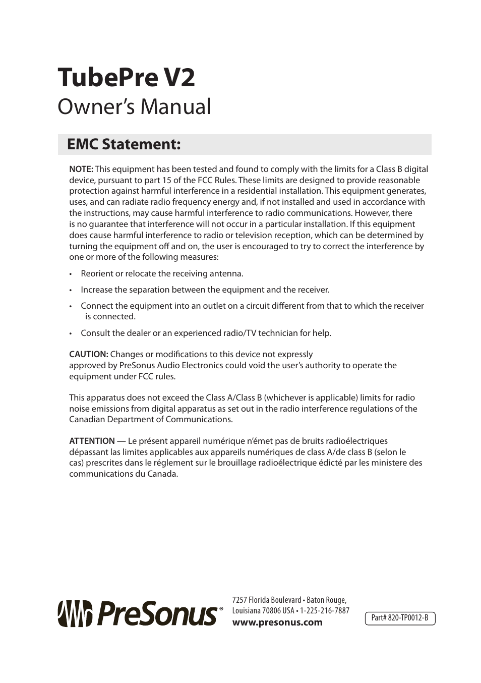 Tubepre v2, Owner’s manual, Emc statement | PreSonus TubePre V2 User Manual | Page 28 / 28