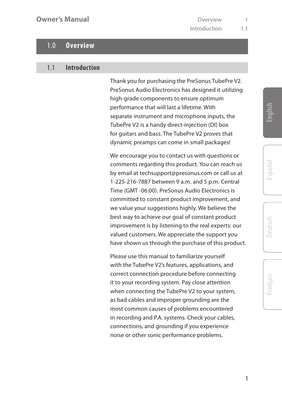 English deutsch español fr ançais, 0 overview | PreSonus TubePre V2 User Manual | Page 5 / 28