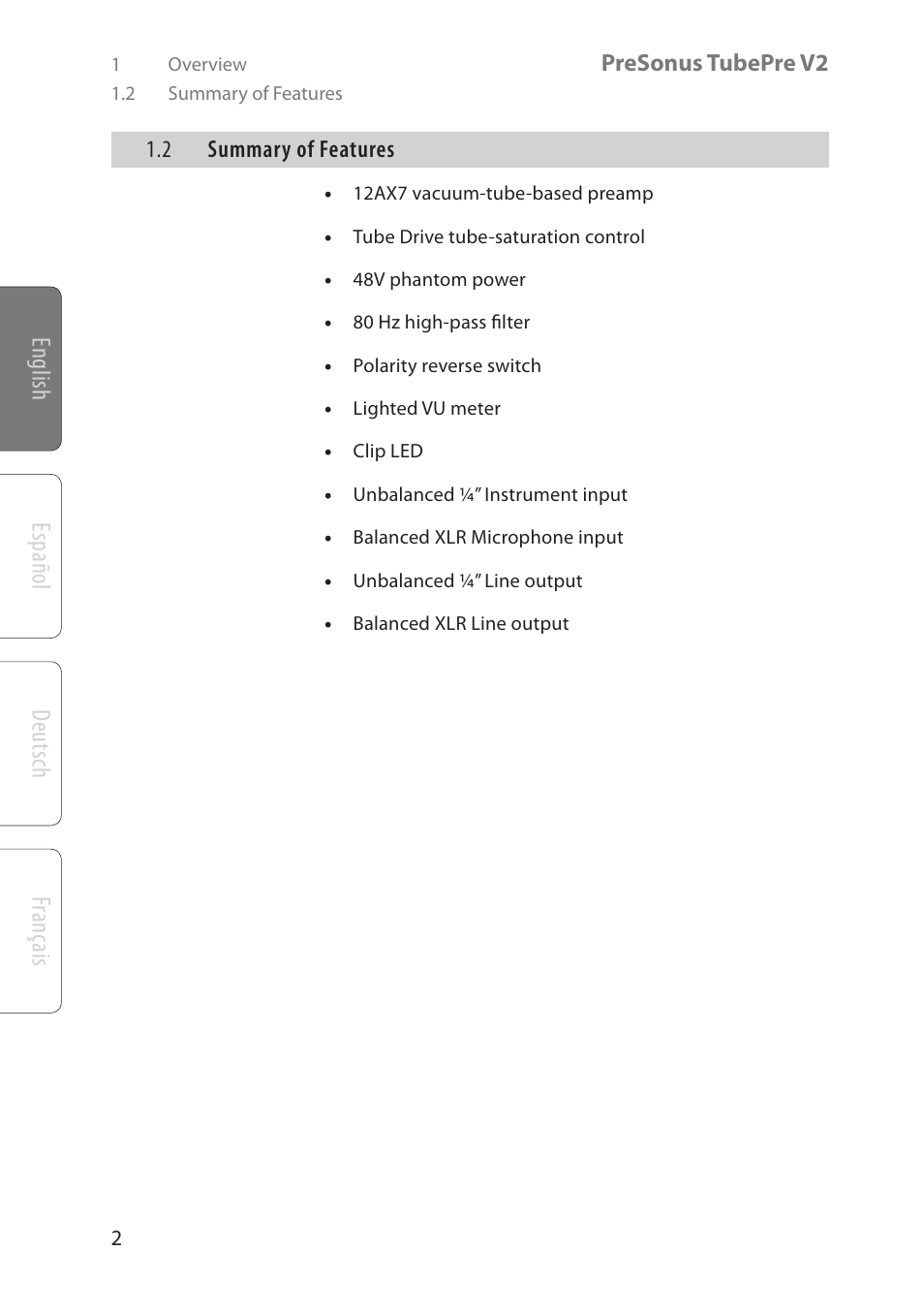 English deutsch español français | PreSonus TubePre V2 User Manual | Page 6 / 28