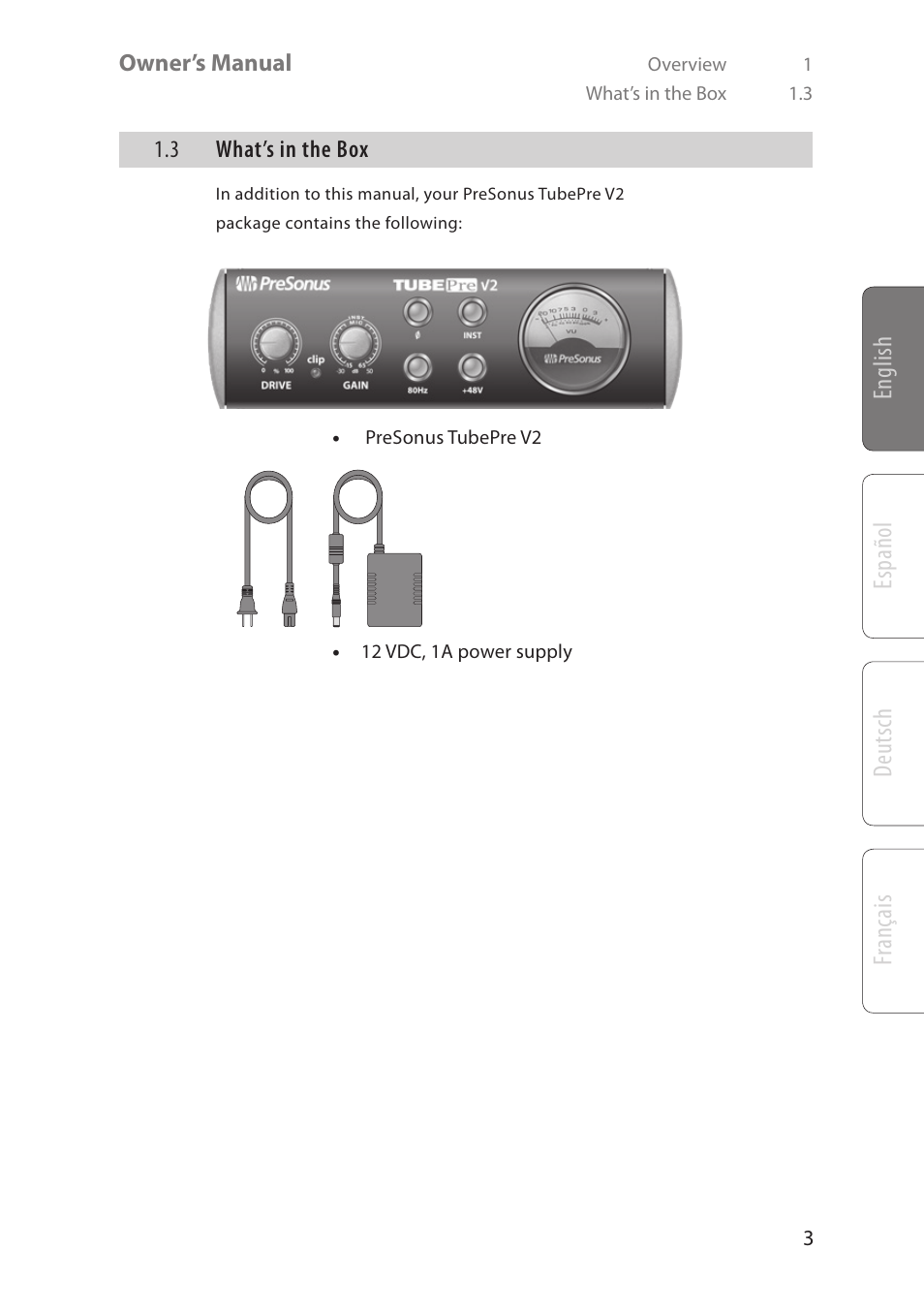 English deutsch español fr ançais | PreSonus TubePre V2 User Manual | Page 7 / 28