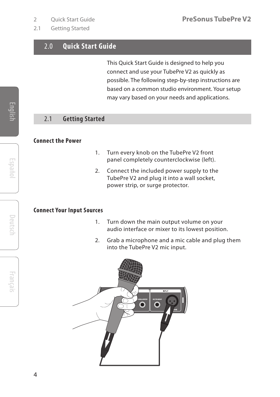 English deutsch español français, 0 quick start guide | PreSonus TubePre V2 User Manual | Page 8 / 28