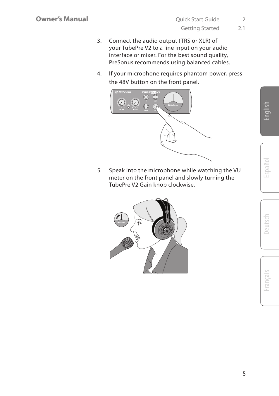 English deutsch español fr ançais | PreSonus TubePre V2 User Manual | Page 9 / 28