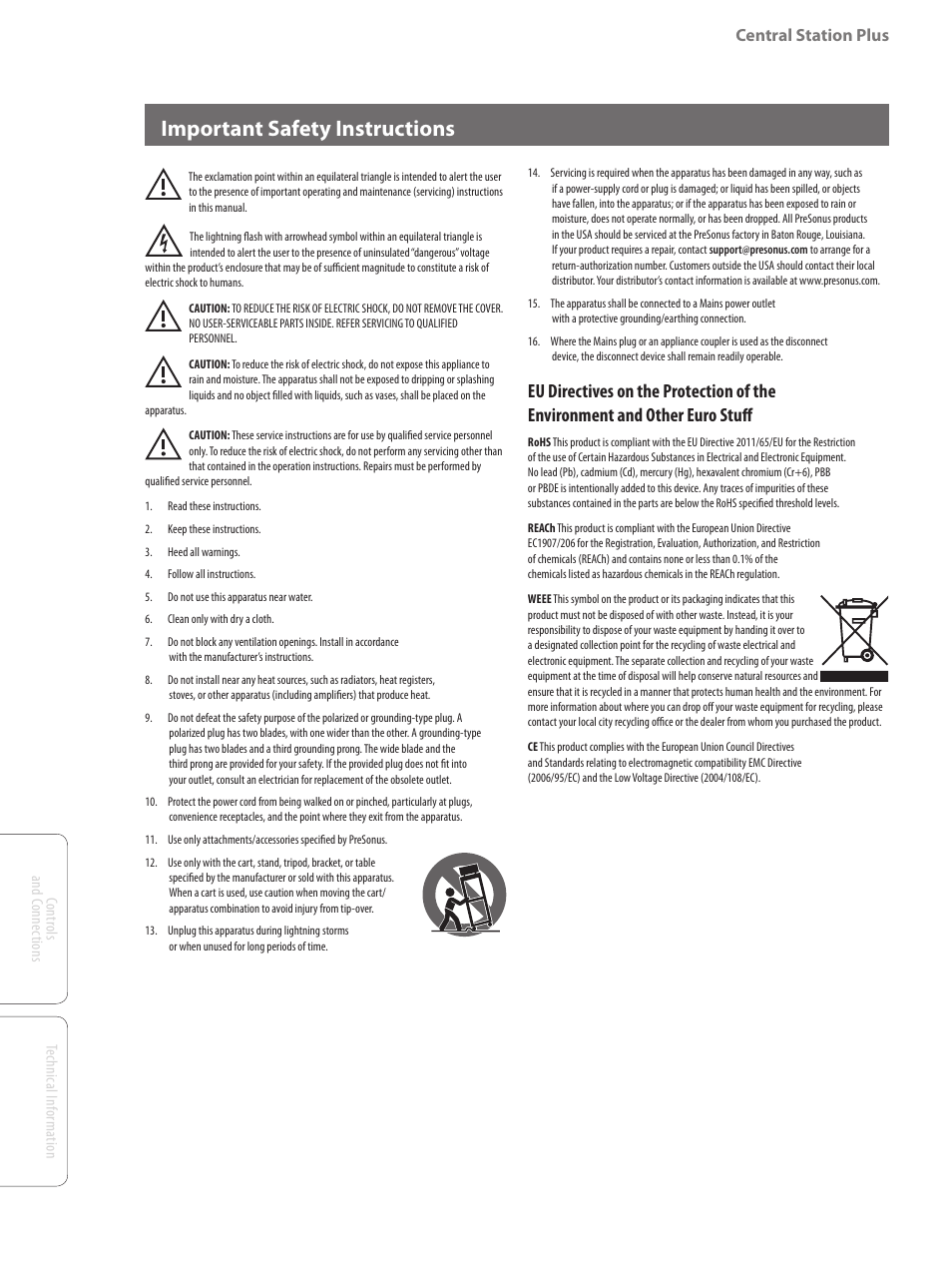 Important safety instructions, Central station plus | PreSonus Central Station PLUS User Manual | Page 2 / 36