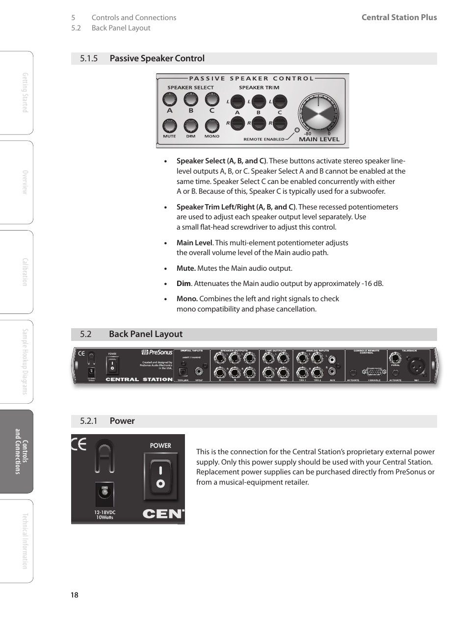 2 back panel layout — 18, 1 power — 18, 2 digital inputs | Bit/192 khz) — 19, 3 speaker outputs l/r, A, b, and c) — 19, 5 passive speaker control, 2 back panel layout 5.2.1 power | PreSonus Central Station PLUS User Manual | Page 22 / 36