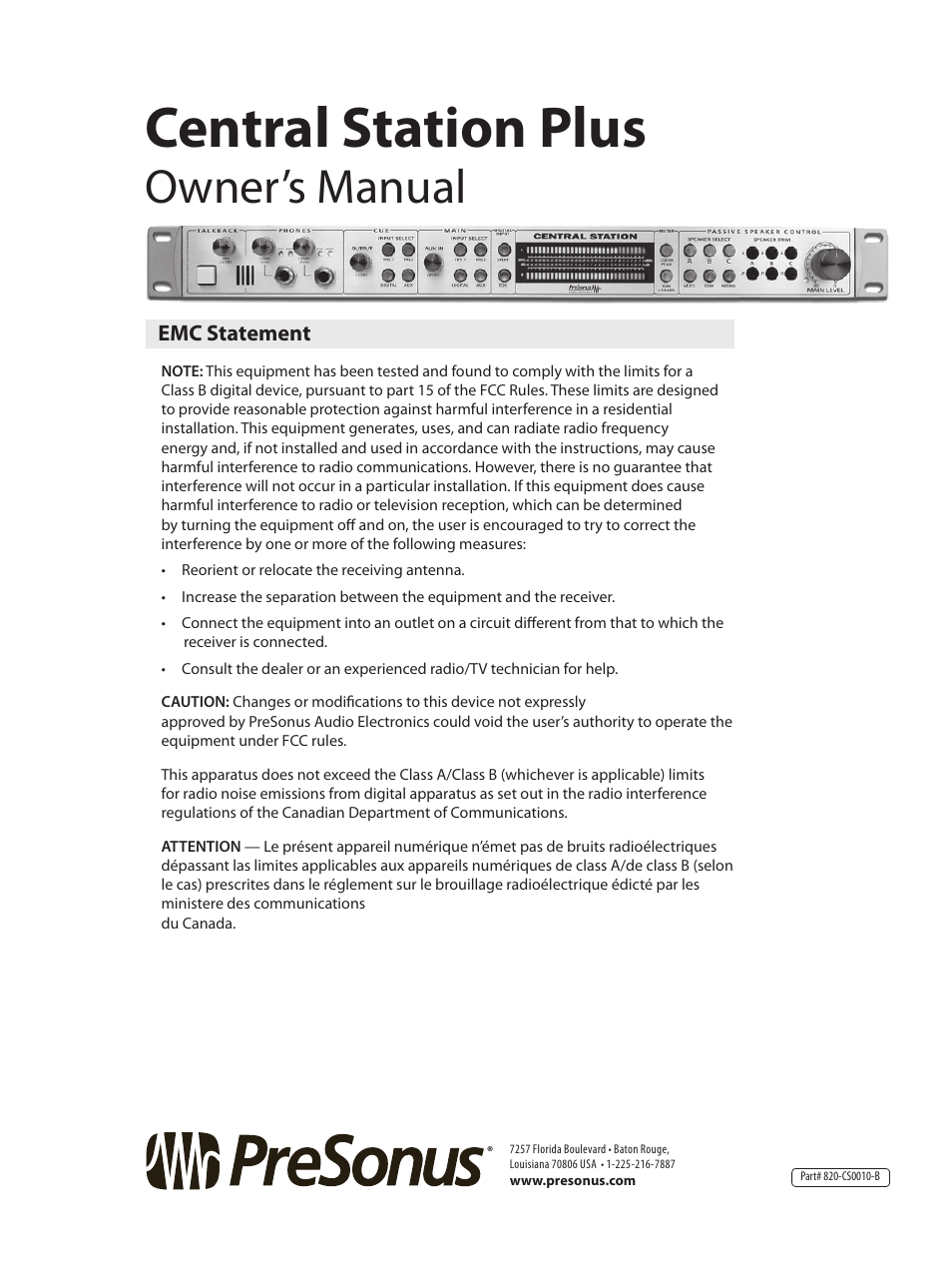 Central station plus, Owner’s manual | PreSonus Central Station PLUS User Manual | Page 36 / 36