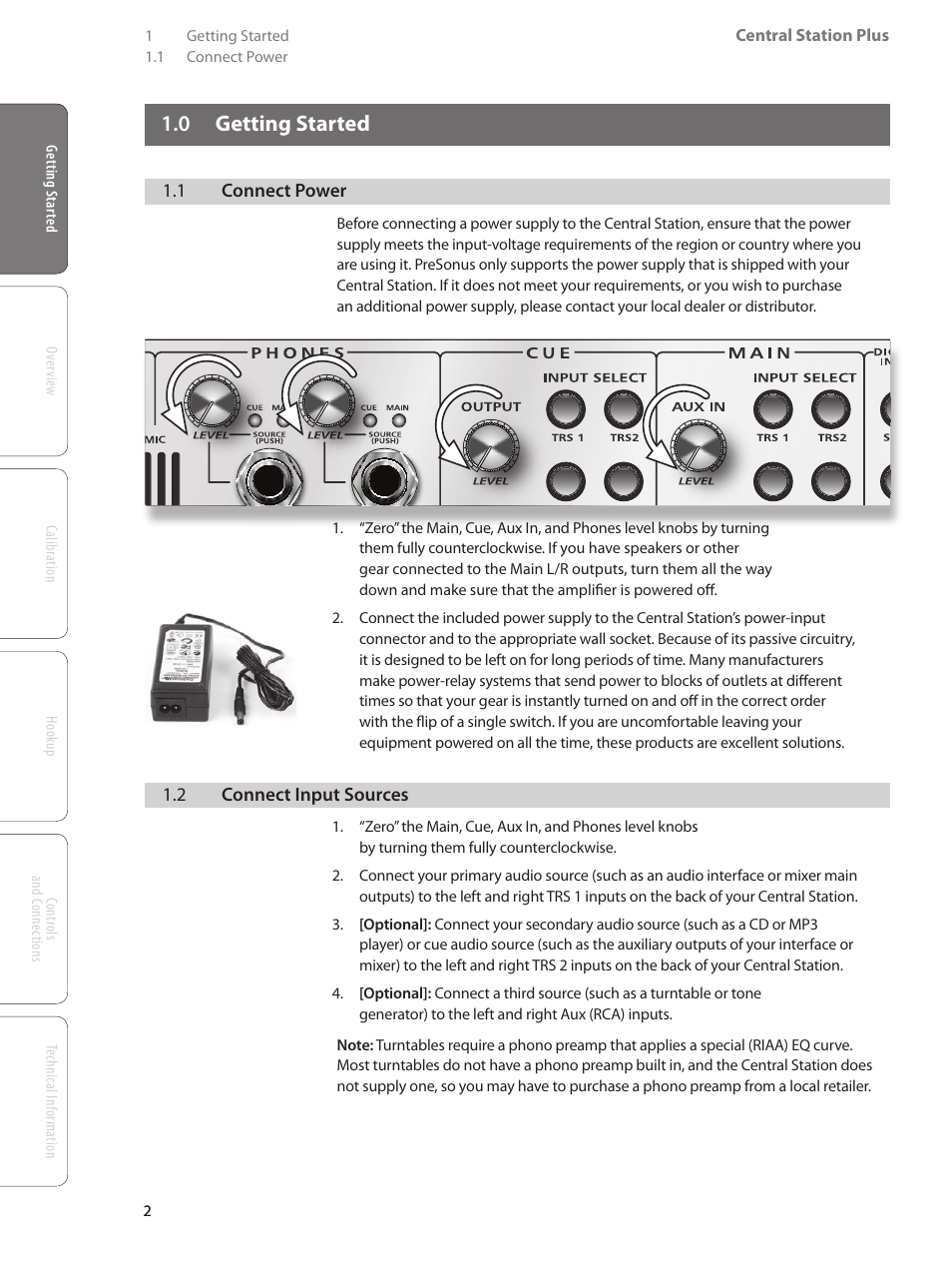 0 getting started — 2, 1 connect power — 2, 2 connect input sources — 2 | 3 connect the csr-1 to your, Central station, 0 getting started | PreSonus Central Station PLUS User Manual | Page 6 / 36