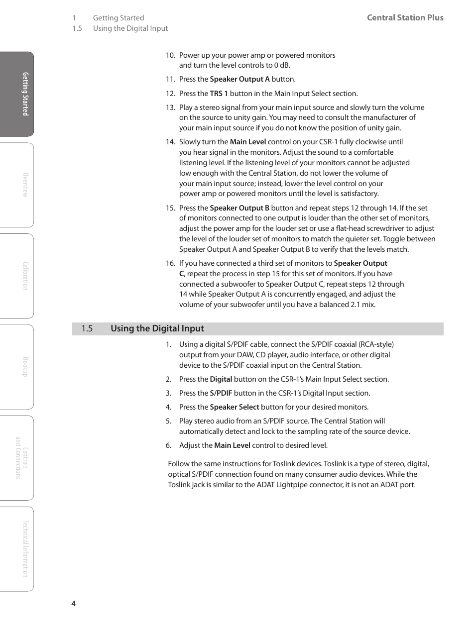 5 using the digital input — 4, 6 using the headphones and, Talkback system | PreSonus Central Station PLUS User Manual | Page 8 / 36