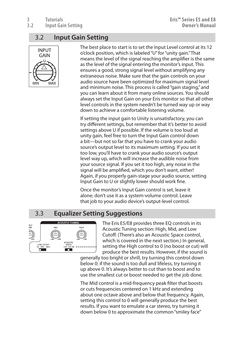 2 input gain setting, 3 equalizer setting suggestions, Input gain setting — 8 | Equalizer setting suggestions — 8 | PreSonus Eris User Manual | Page 12 / 20