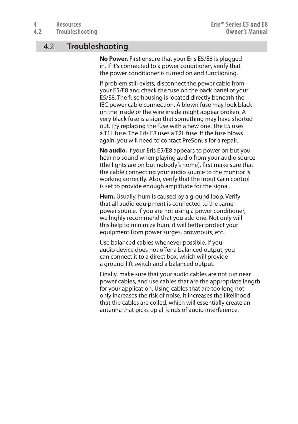 2 troubleshooting, Troubleshooting — 12 | PreSonus Eris User Manual | Page 16 / 20