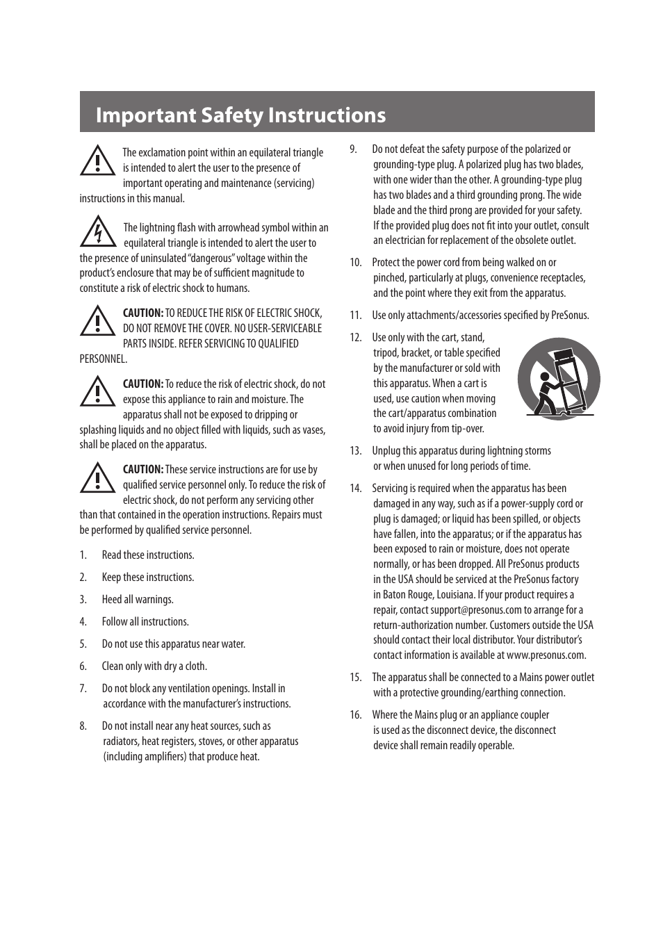 Important safety instructions | PreSonus Eris User Manual | Page 2 / 20