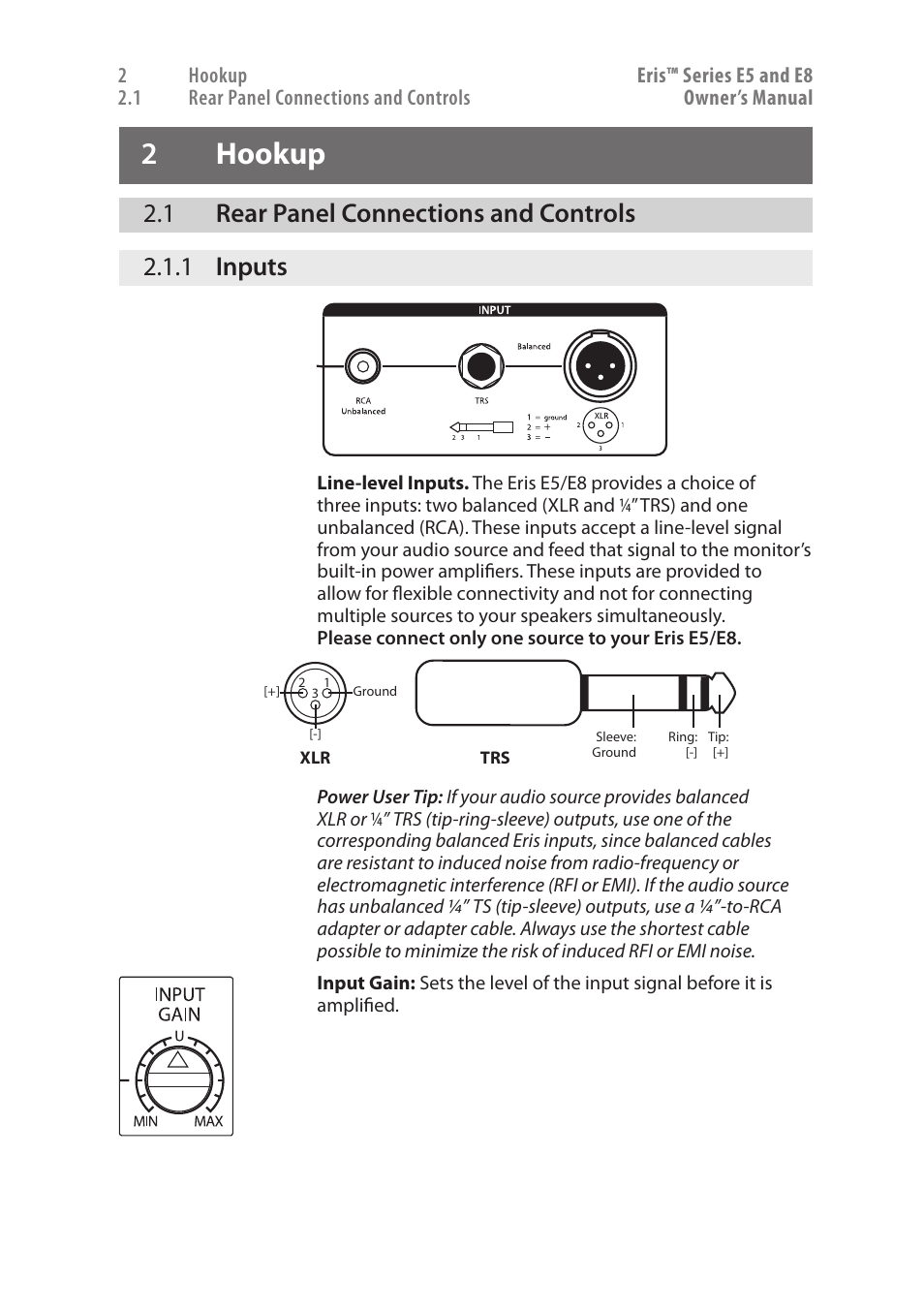 2 hookup, 1 rear panel connections and controls, 1 inputs | 2 hookup — 3, Rear panel connections and controls — 3, 1 inputs — 3, 1 rear panel connections and controls 2.1.1 inputs | PreSonus Eris User Manual | Page 7 / 20