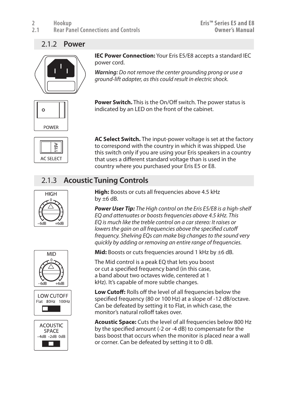 2 power, 3 acoustic tuning controls, Acoustic tuning controls — 4 | PreSonus Eris User Manual | Page 8 / 20